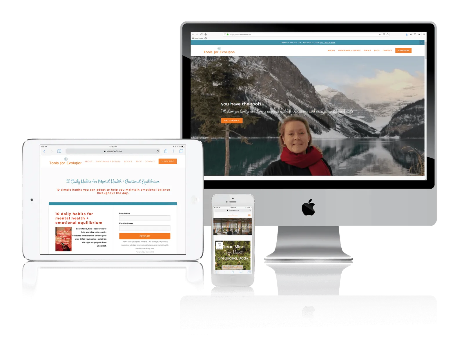 Psychotherapist website shown on desktop, laptop, tablet and phone