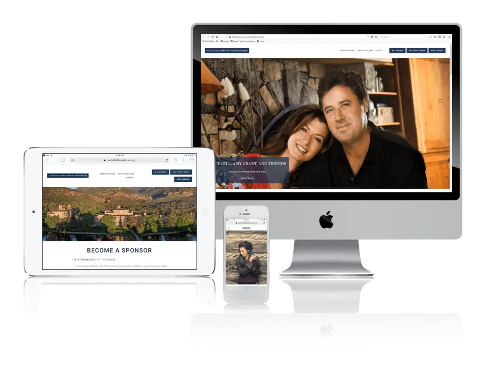 Nonprofit benefit concert website shown on desktop, laptop, tablet and phone