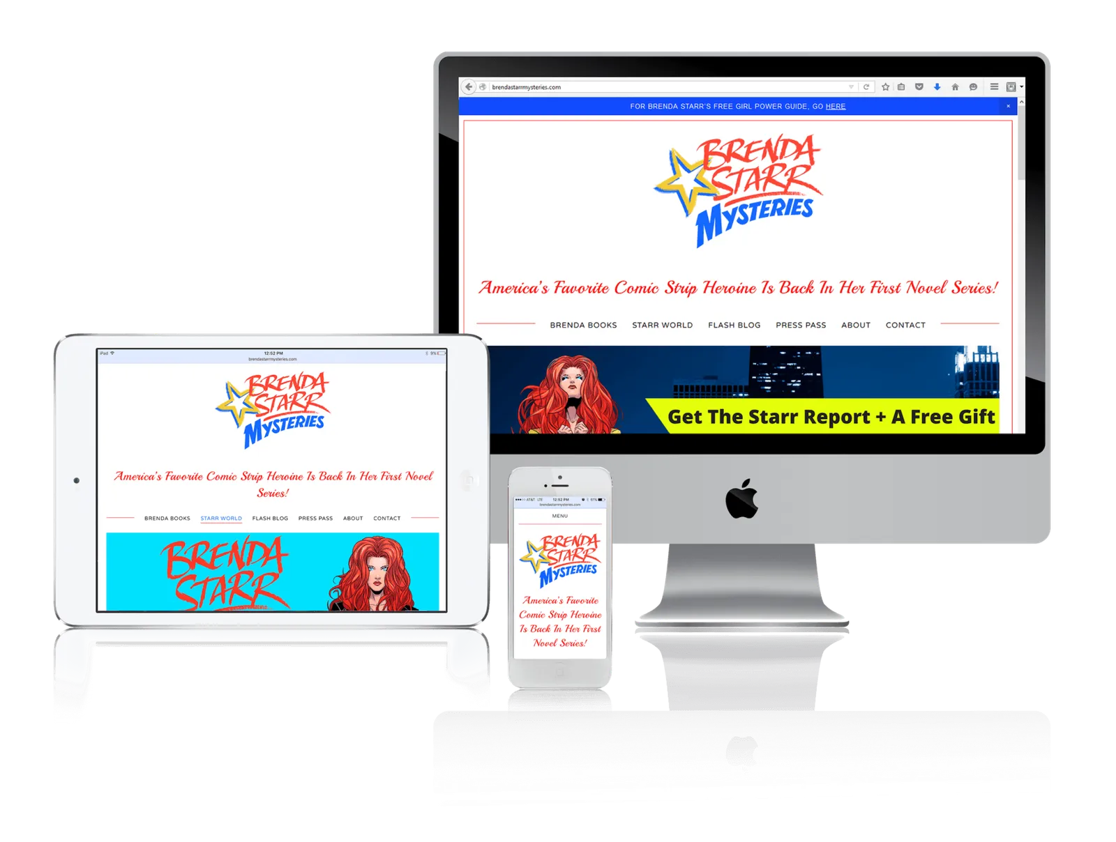 Mystery author website shown on desktop, laptop, tablet and phone