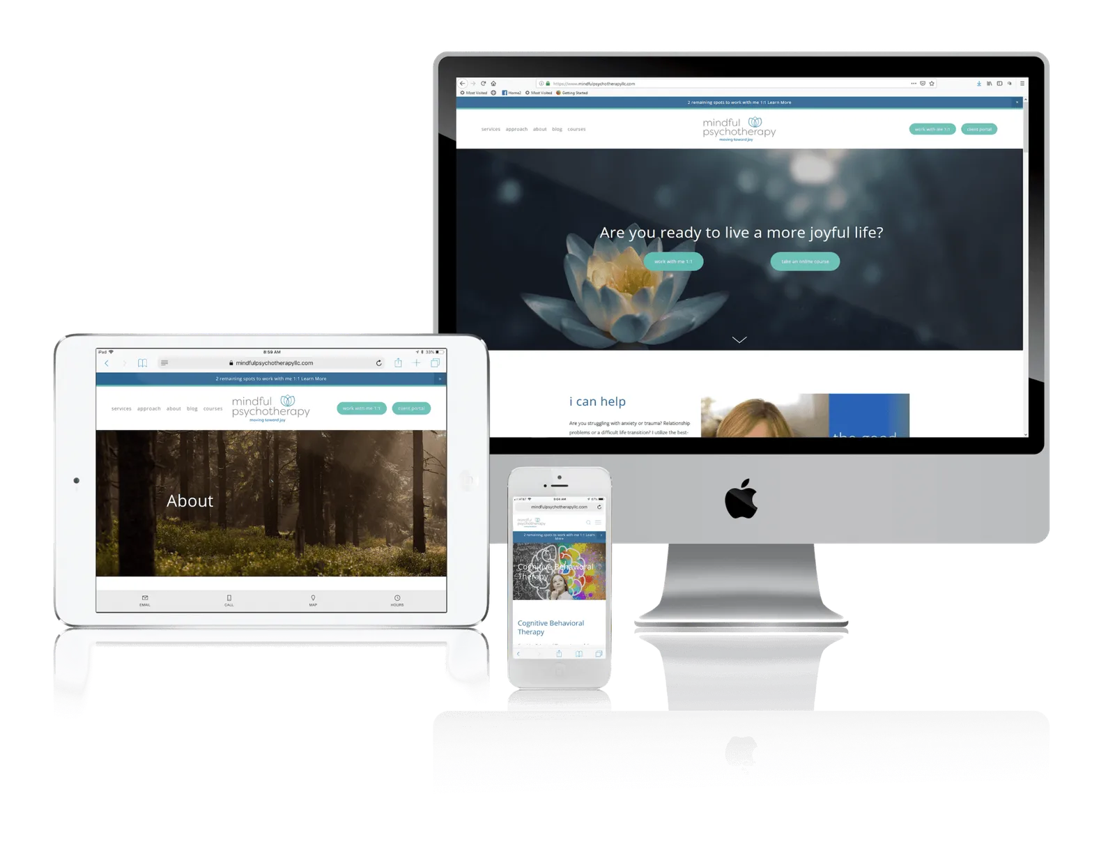 Mindfulness therapy practice website shown on desktop, laptop, tablet and phone