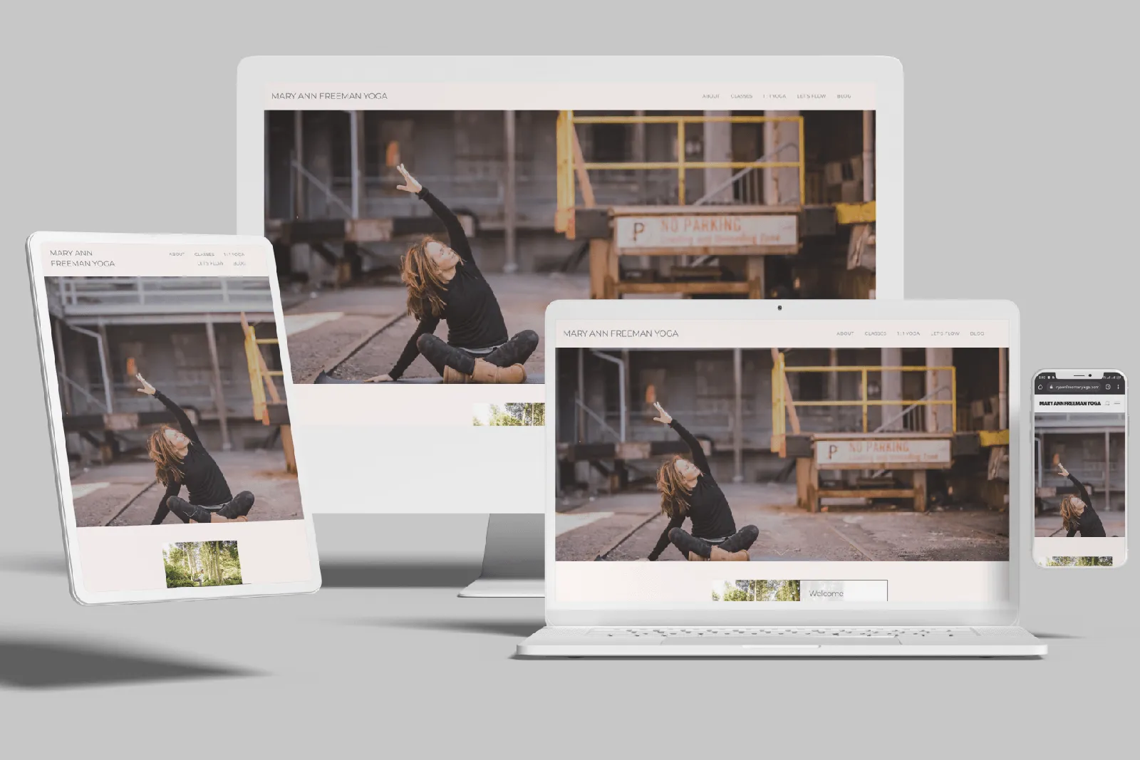 Yoga instructor website shown on desktop, laptop, tablet and phone