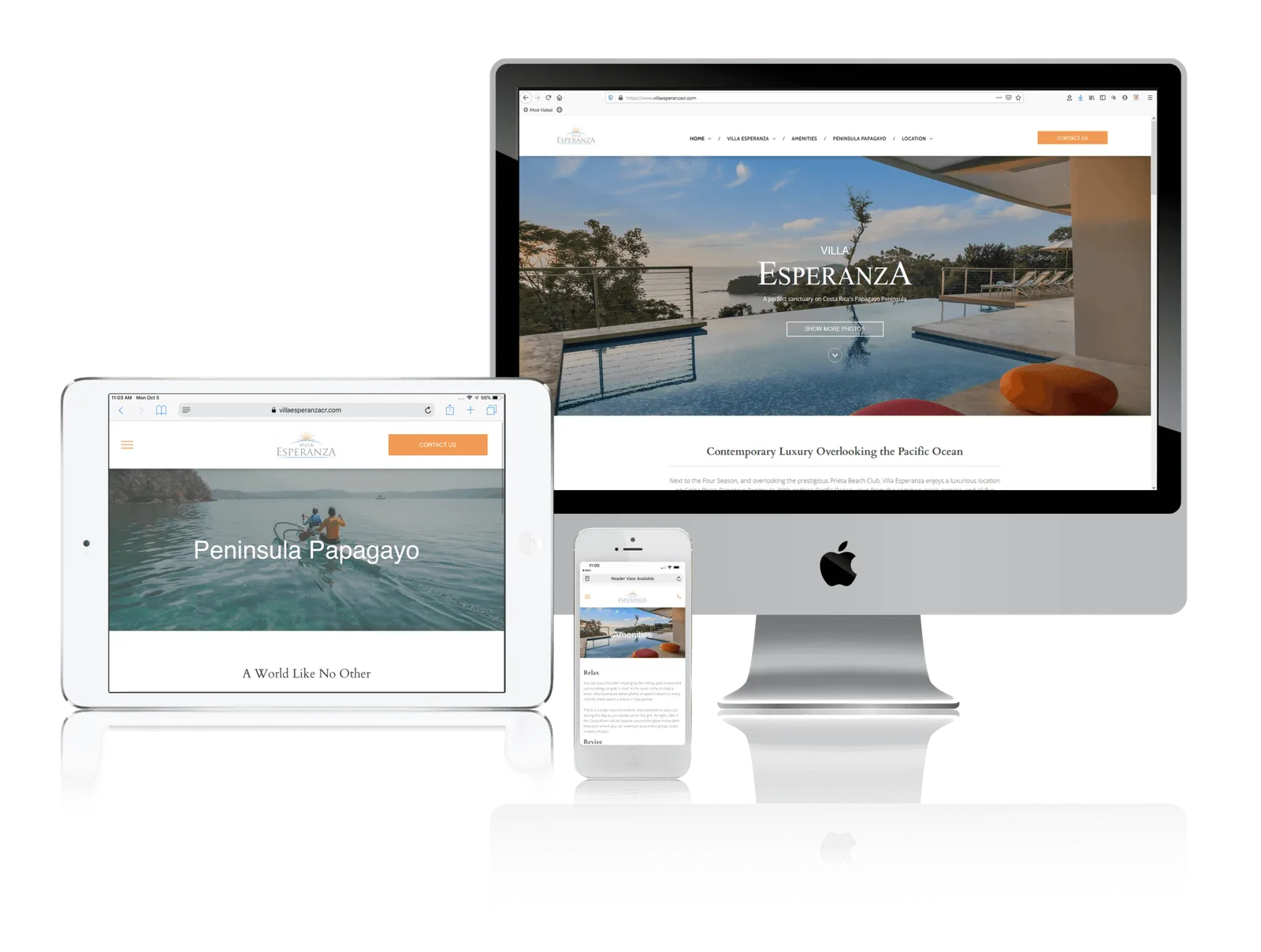 Luxury vacation rental website shown on desktop, laptop, tablet and phone