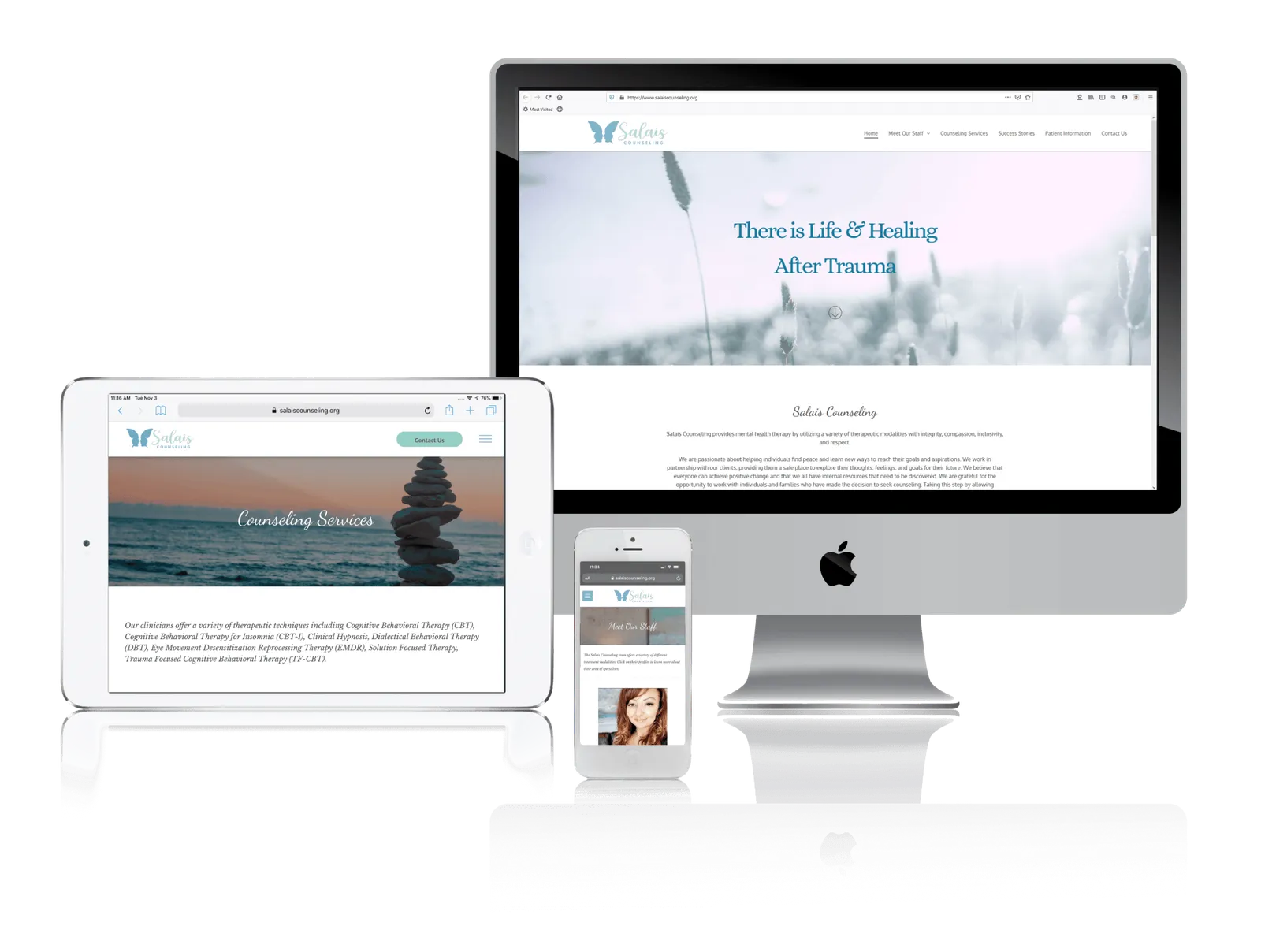 Counseling practice website shown on desktop, laptop, tablet and phone