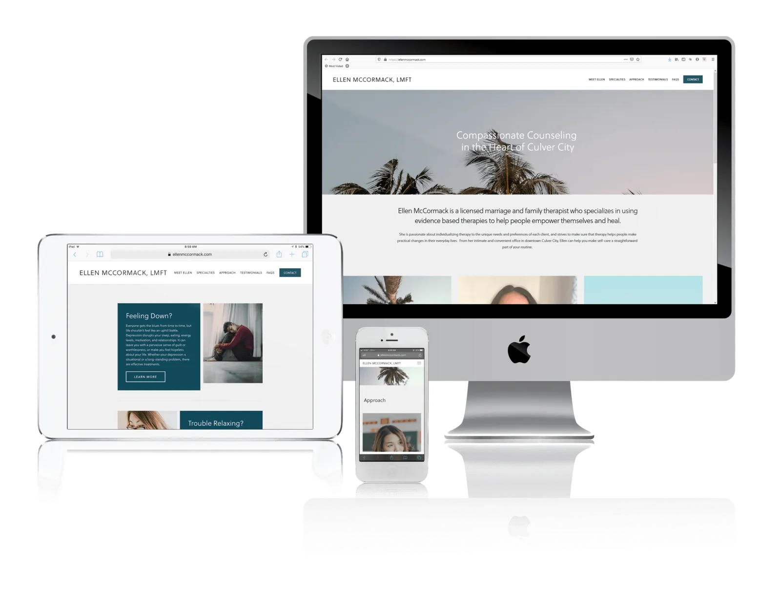 Marriage and family therapy practice website shown on desktop, laptop, tablet and phone