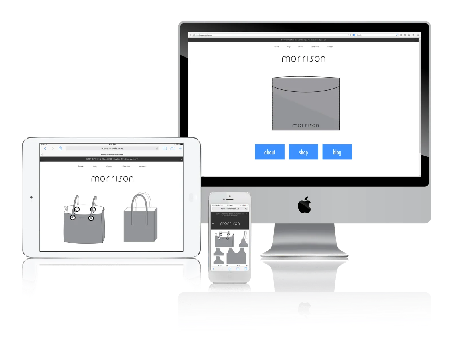Fashion accessories brand website shown on desktop, laptop, tablet and phone