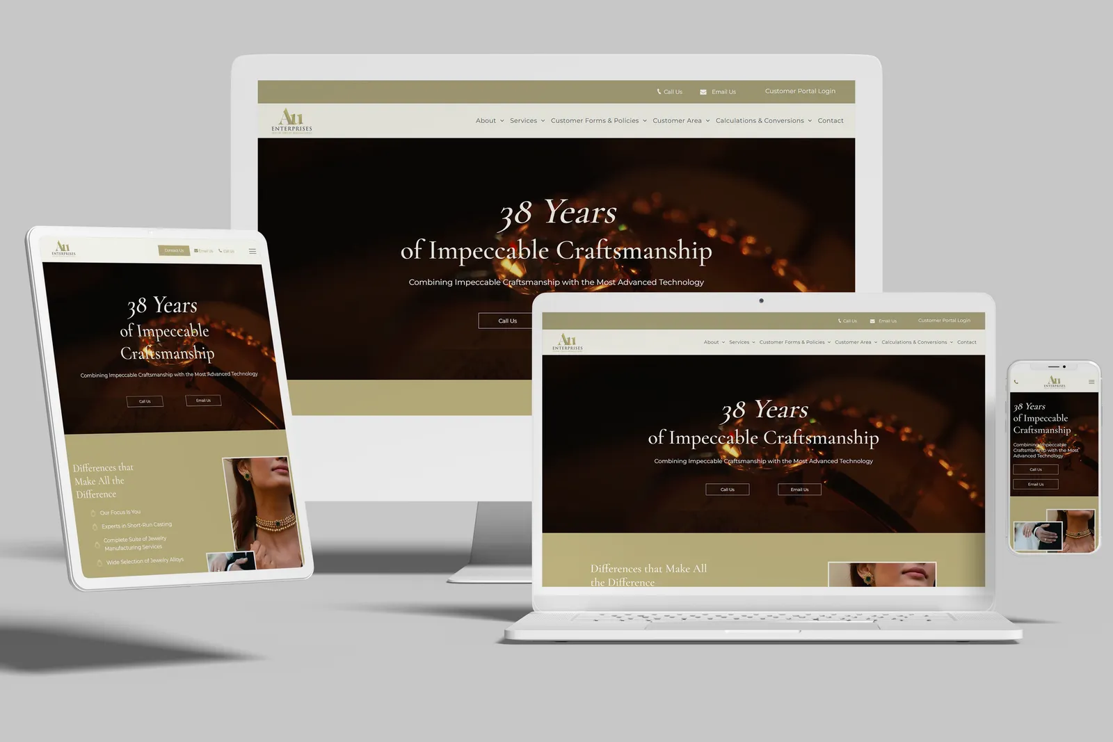 Jewelry manufacturer website shown on desktop, laptop, tablet and phone