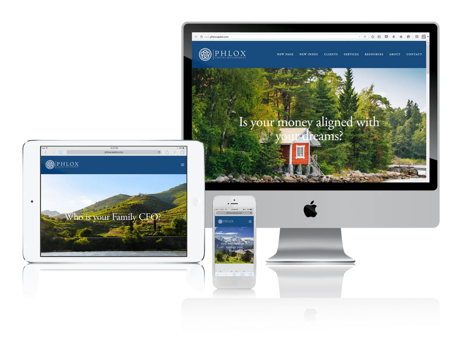 Financial advisor website shown on desktop, laptop, tablet and phone