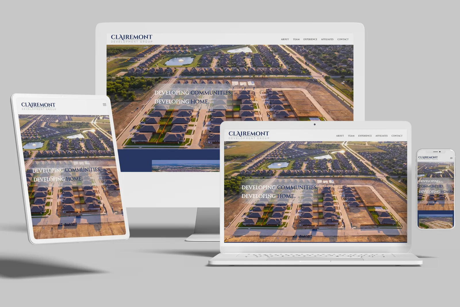 Real estate developer website shown on desktop, laptop, tablet and phone