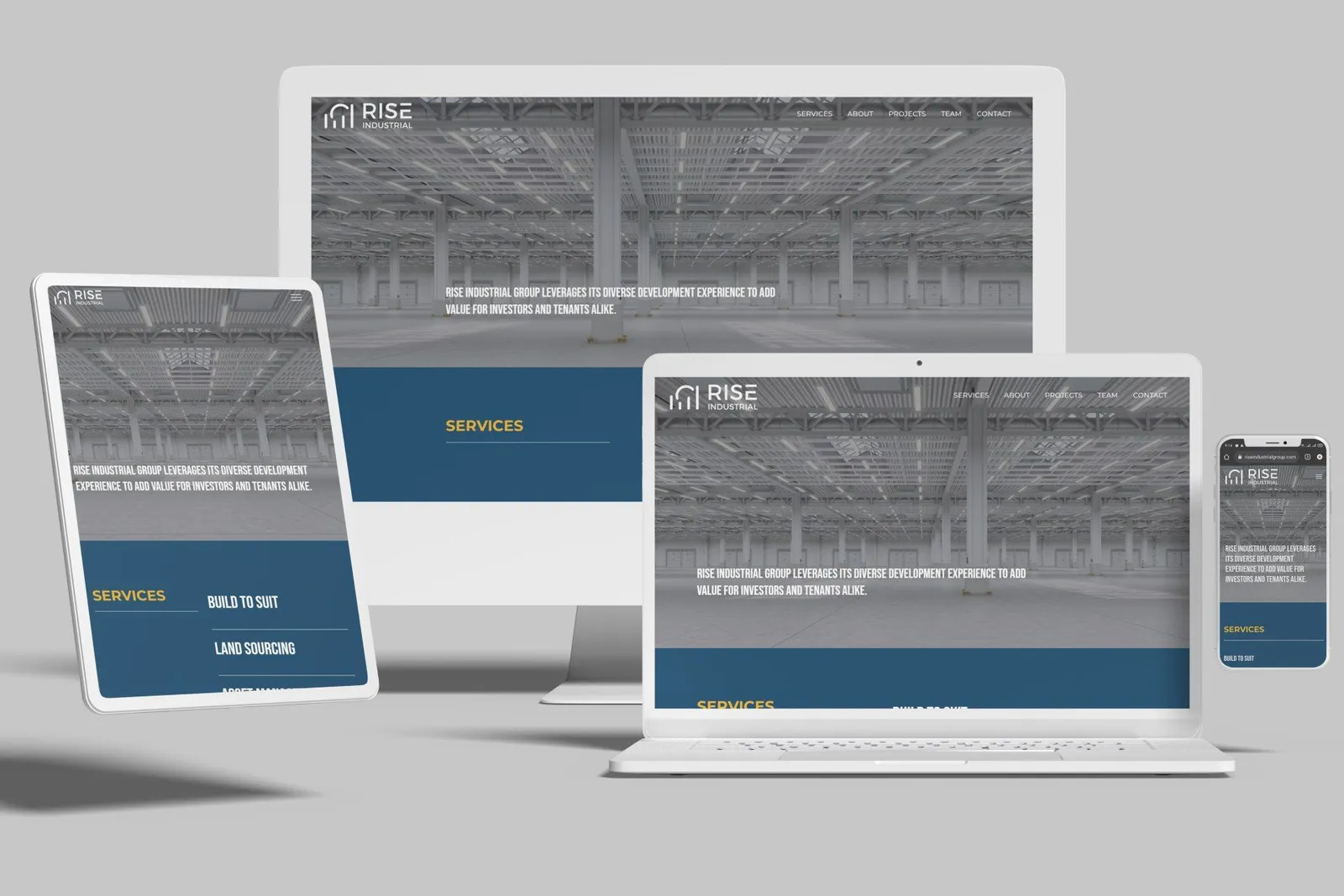 Real estate investment website shown on desktop, laptop, tablet and phone