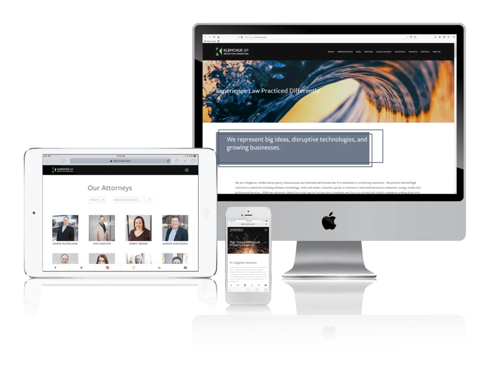 Intellectual property law firm website shown on desktop, laptop, tablet and phone