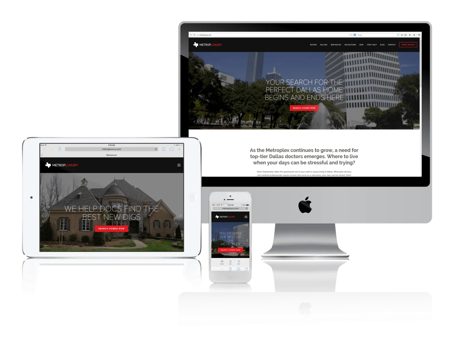 Real estate agent website shown on desktop, laptop, tablet and phone