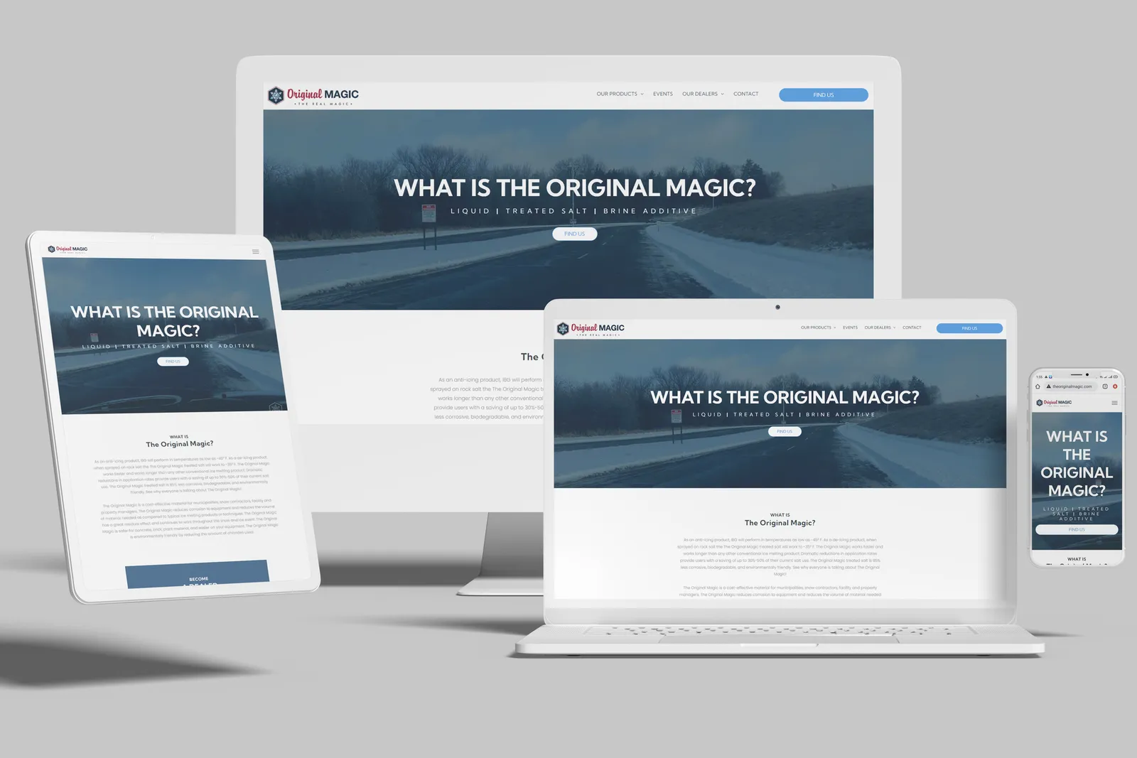 Deicing products brand website shown on desktop, laptop, tablet and phone
