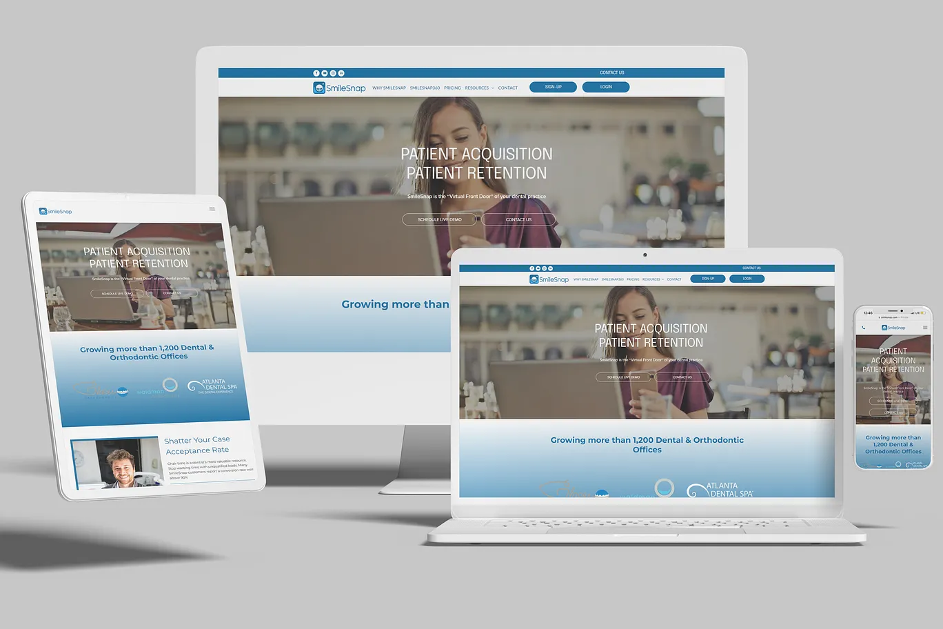 Dental software website shown on desktop, laptop, tablet and phone
