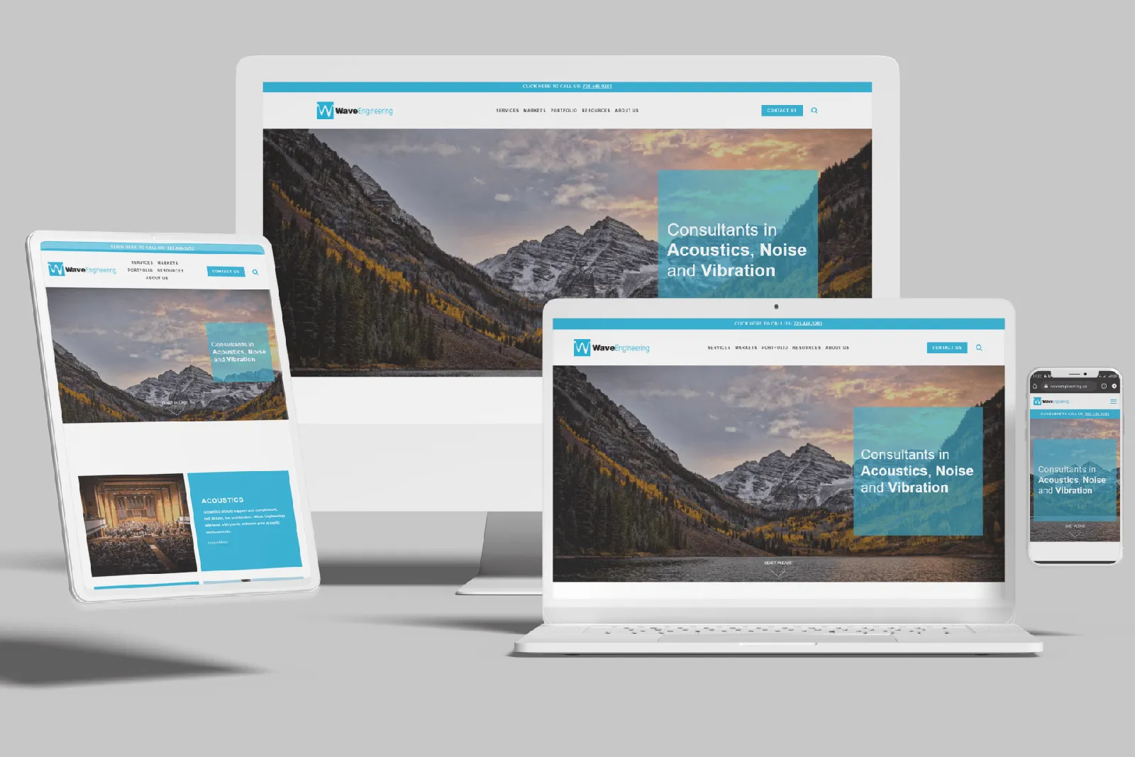 Denver acoustics engineering firm website shown on desktop, laptop, tablet and phone