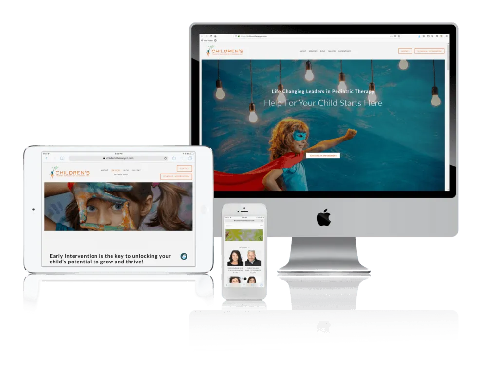 Children's therapy practice website shown on desktop, laptop, tablet and phone