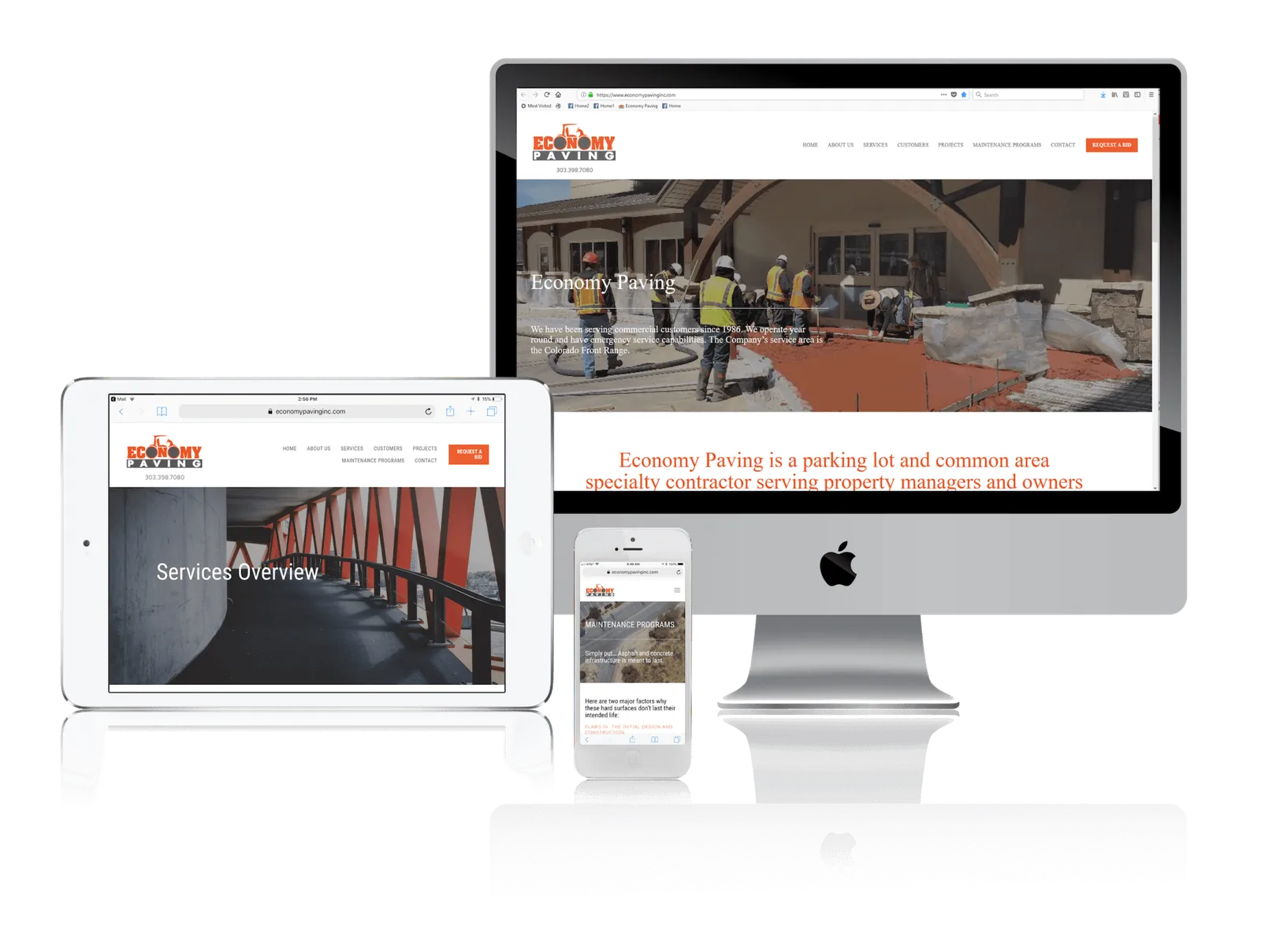 Denver commercial paving contractor website shown on desktop, laptop, tablet and phone