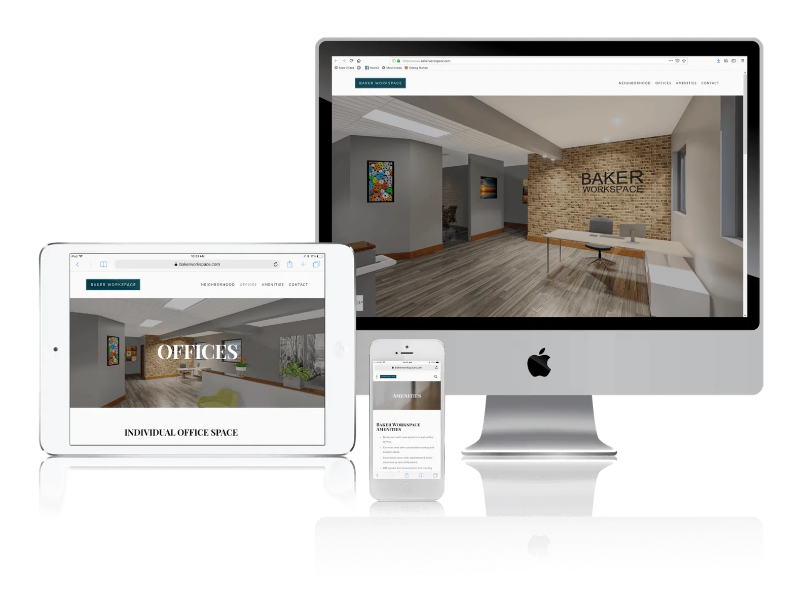 Coworking space website shown on desktop, laptop, tablet and phone