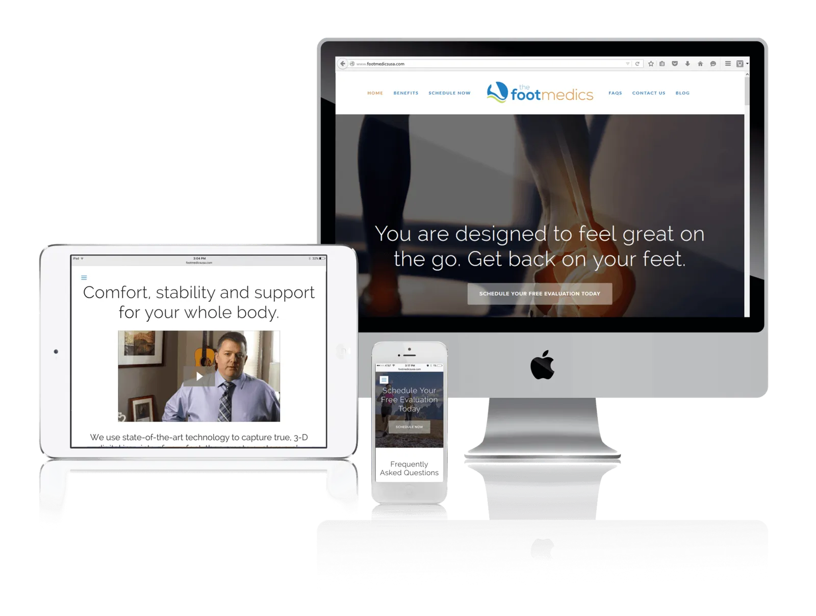 Foot care clinic website shown on desktop, laptop, tablet and phone