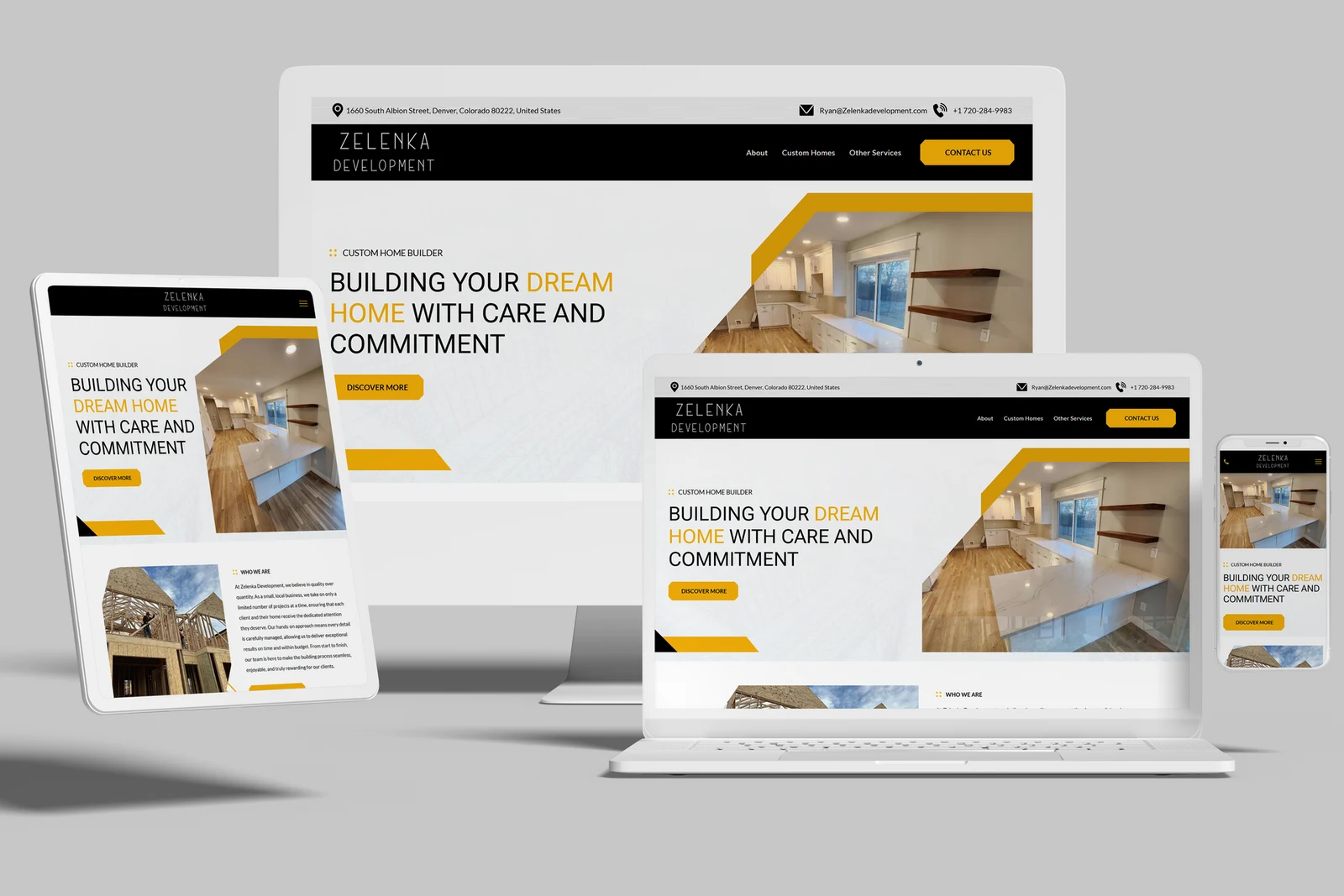 Custom home builder website shown on desktop, laptop, tablet and phone