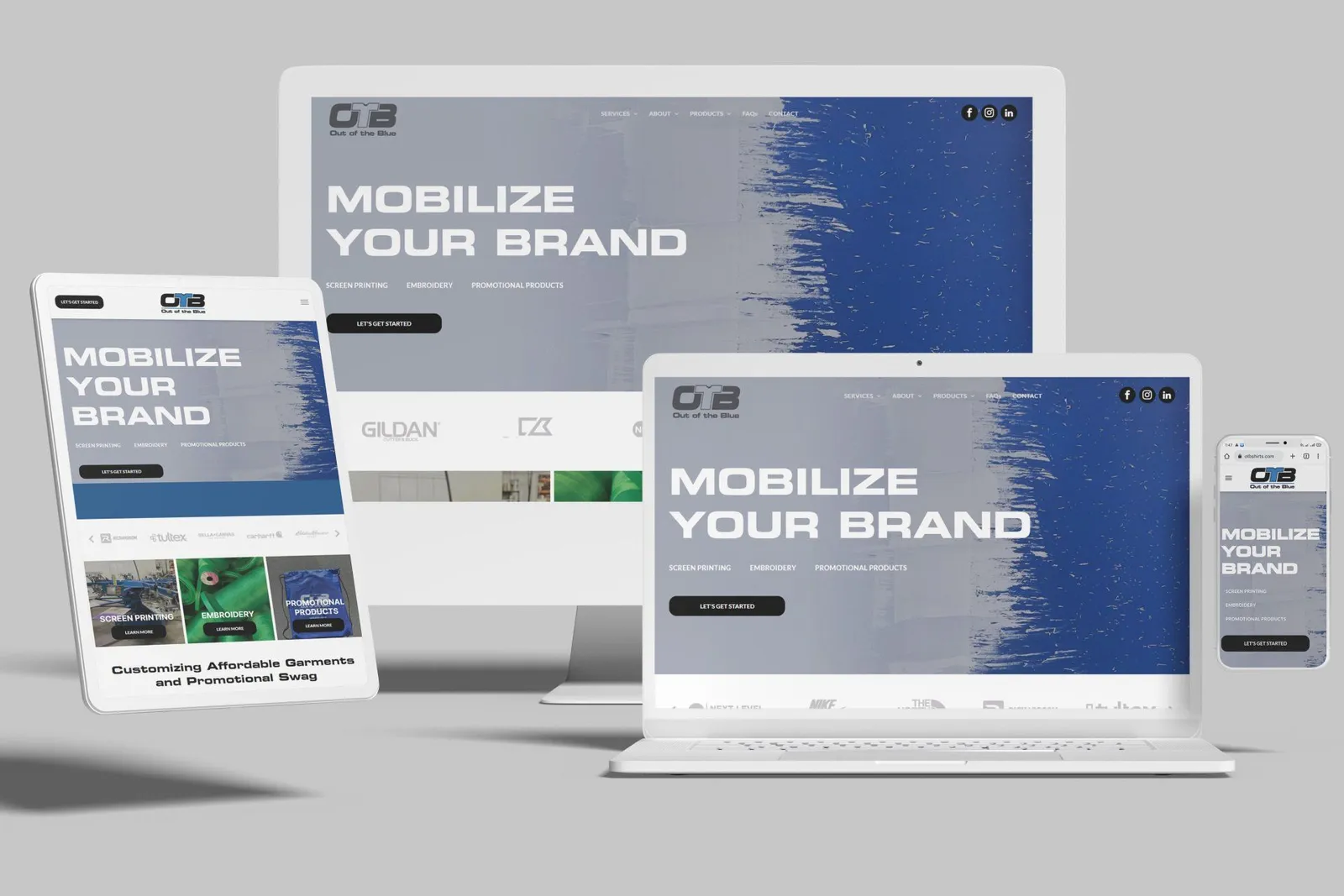 Screen printing website shown on desktop, laptop, tablet and phone