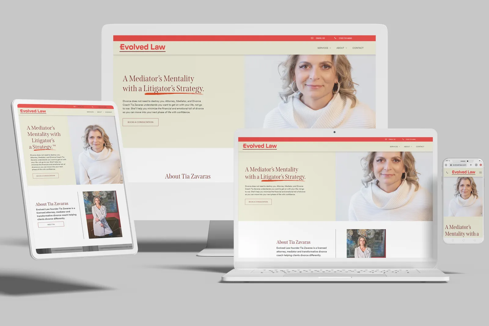 Divorce coach and mediator website shown on desktop, laptop, tablet and phone