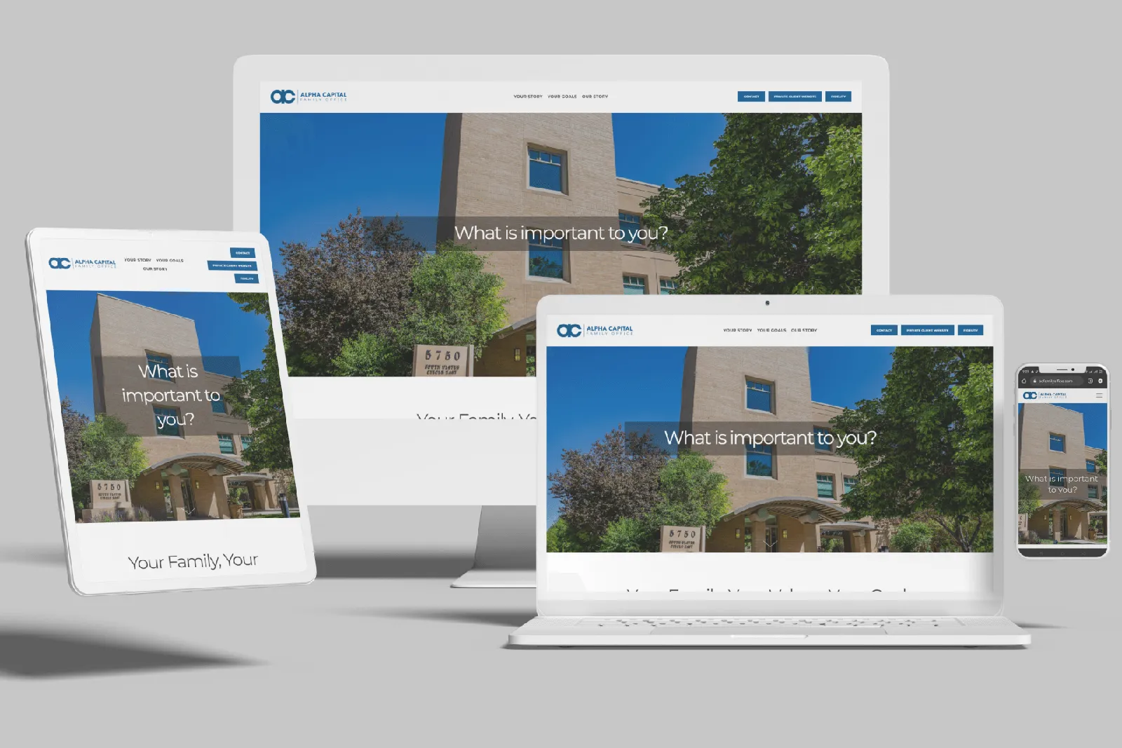 Family office website shown on desktop, laptop, tablet and phone