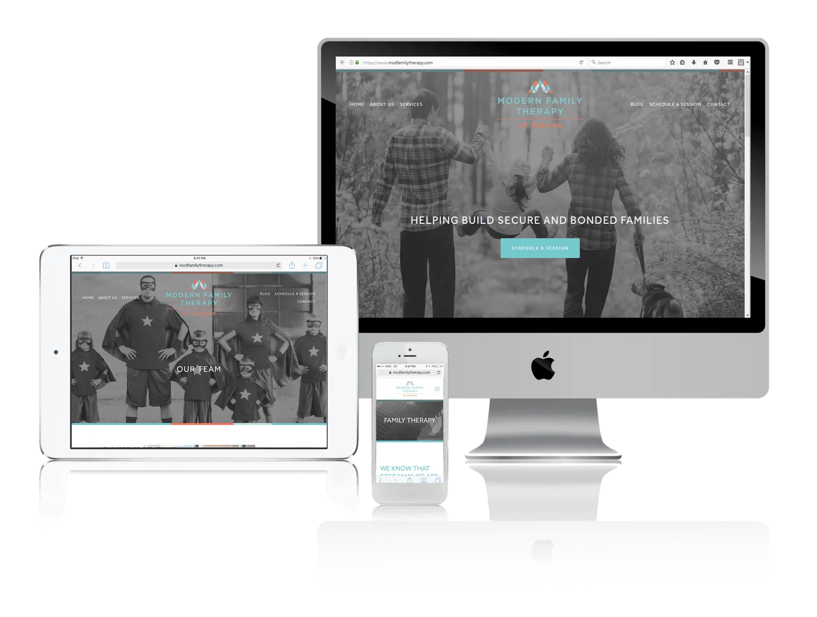 Family therapy practice website shown on desktop, laptop, tablet and phone