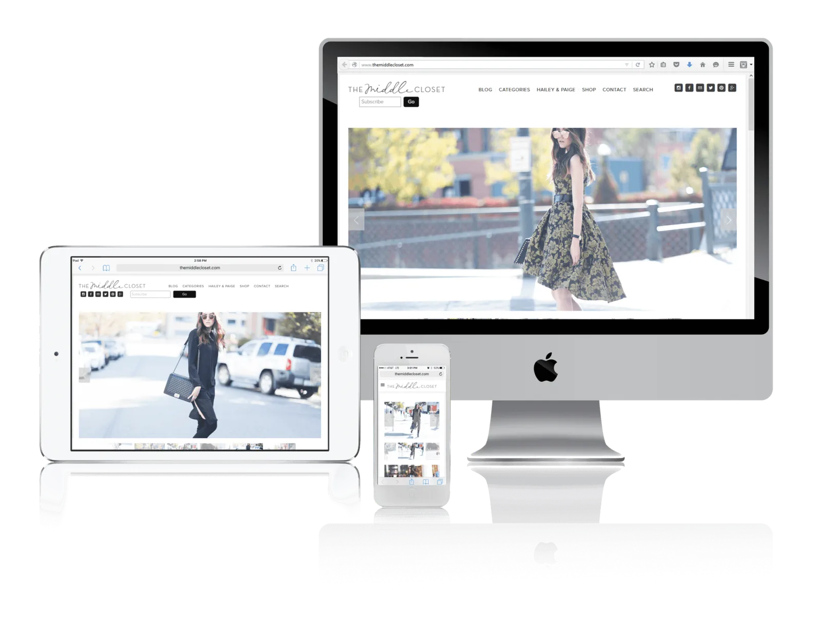 Fashion blog website shown on desktop, laptop, tablet and phone