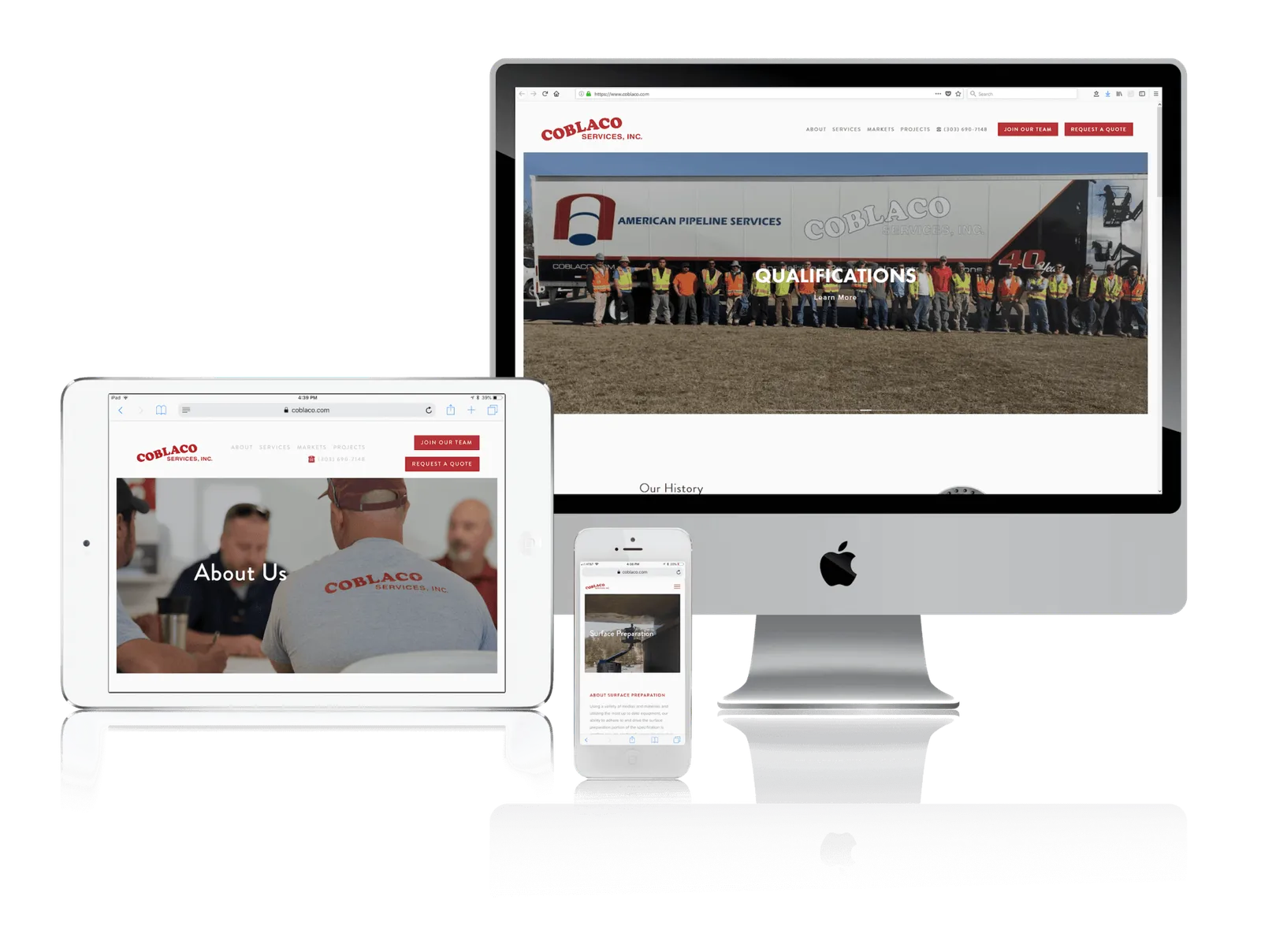 Denver industrial coating and pipeline services website shown on desktop, laptop, tablet and phone