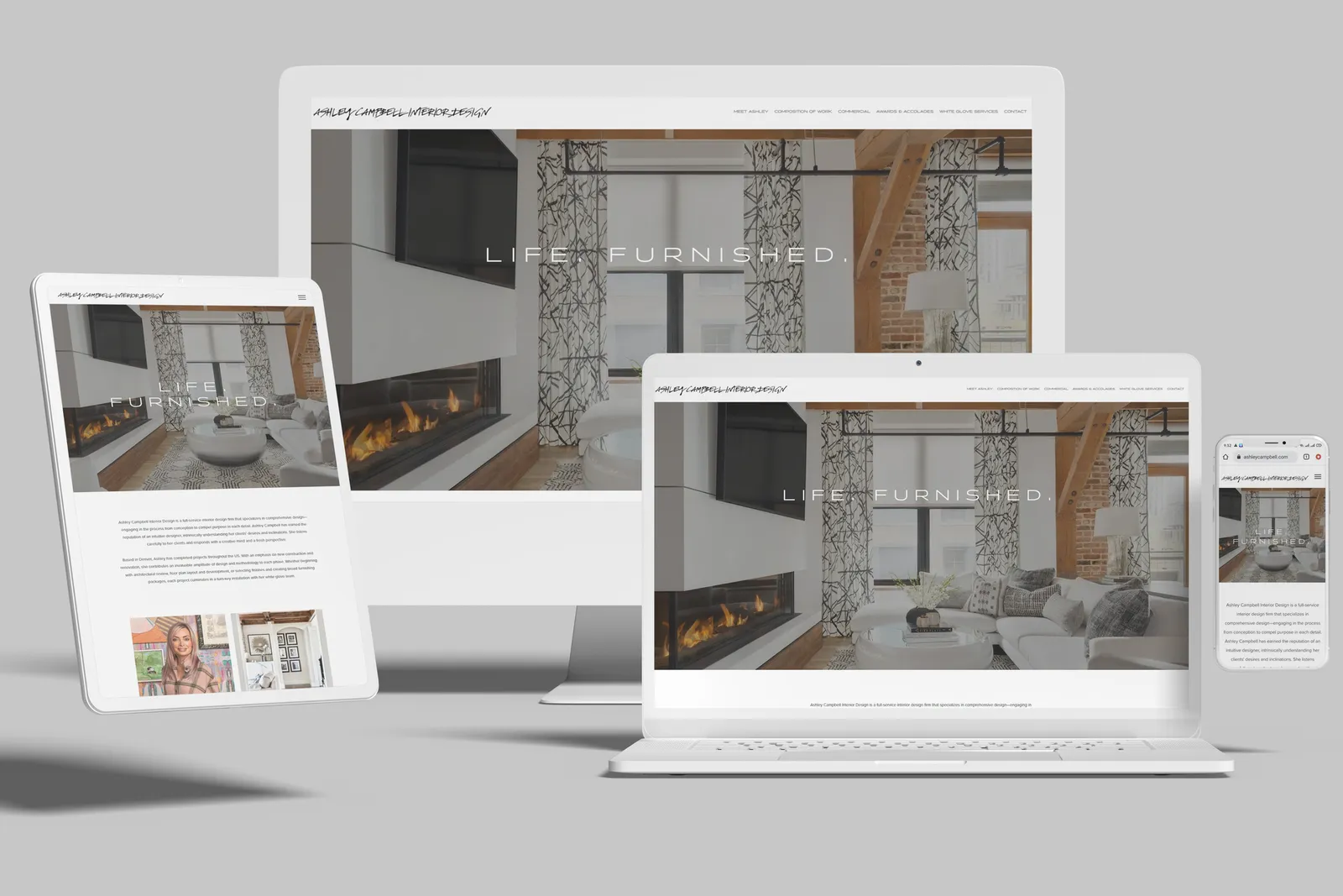 Interior design website shown on desktop, laptop, tablet and phone