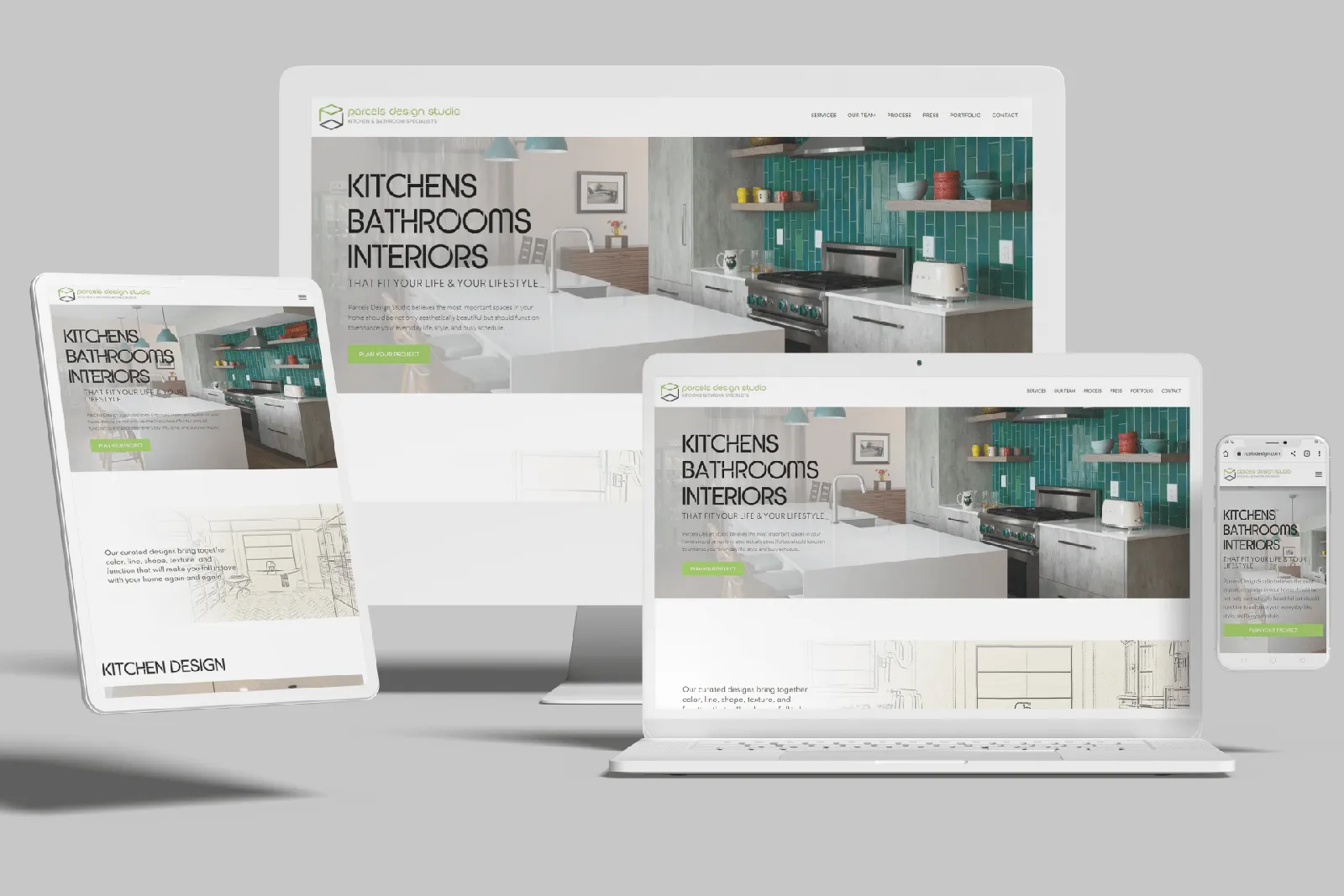 Interior design firm website shown on desktop, laptop, tablet and phone