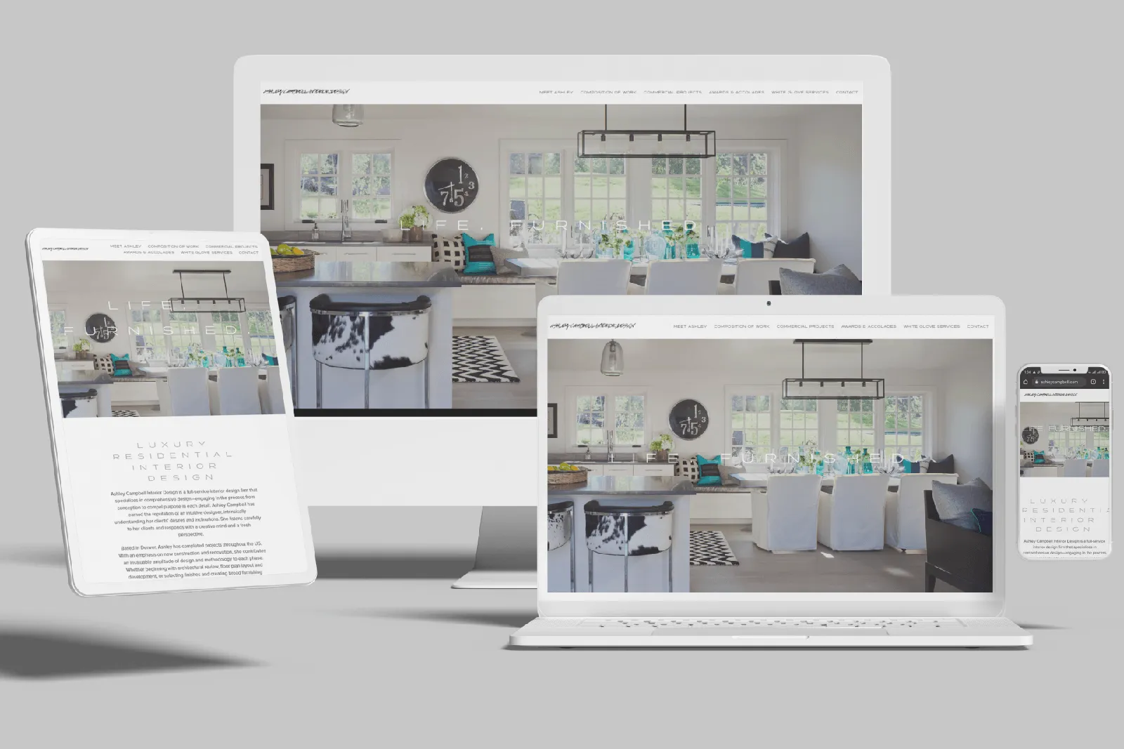 Interior designer website shown on desktop, laptop, tablet and phone