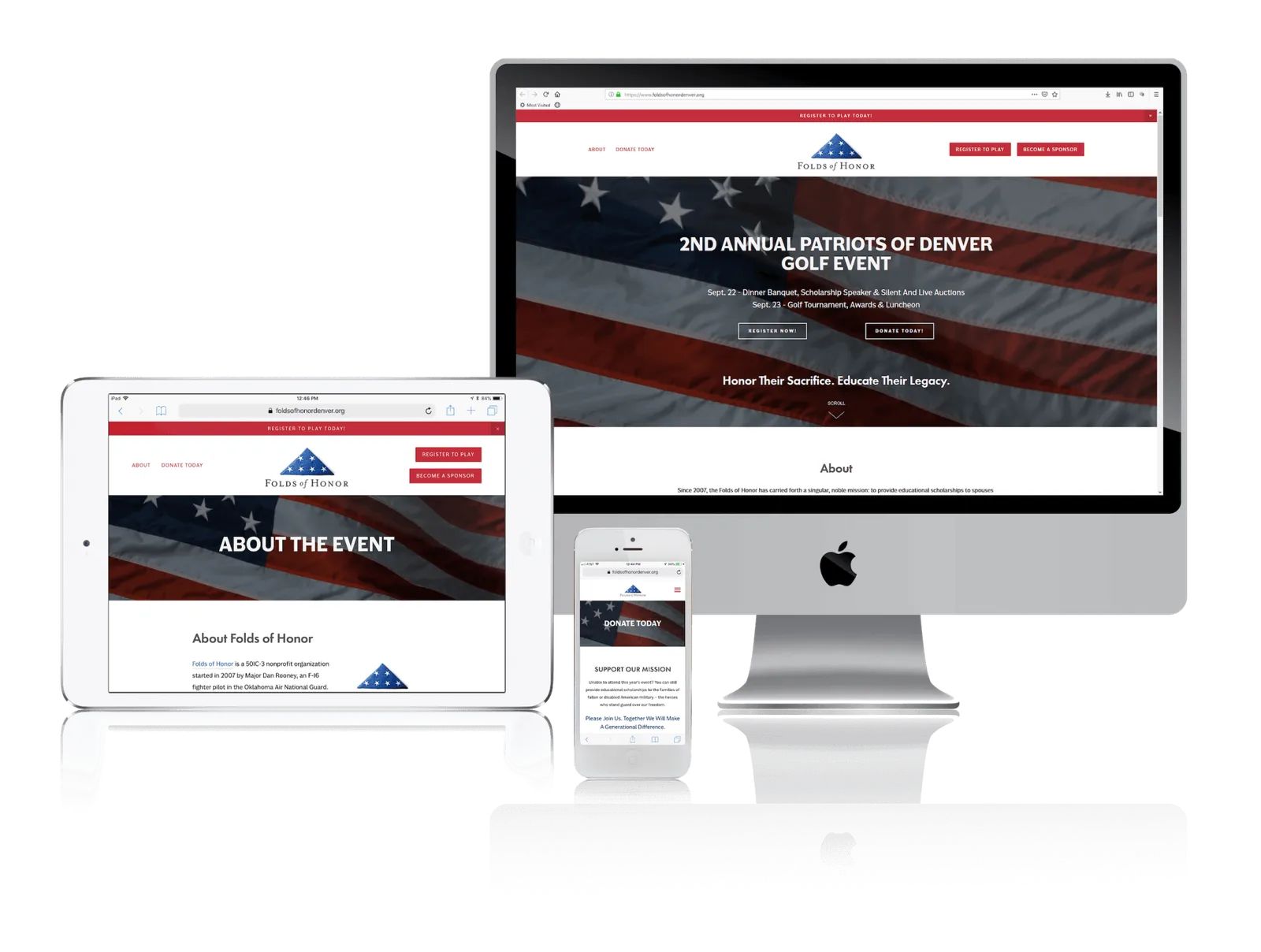Nonprofit fundraising event website shown on desktop, laptop, tablet and phone