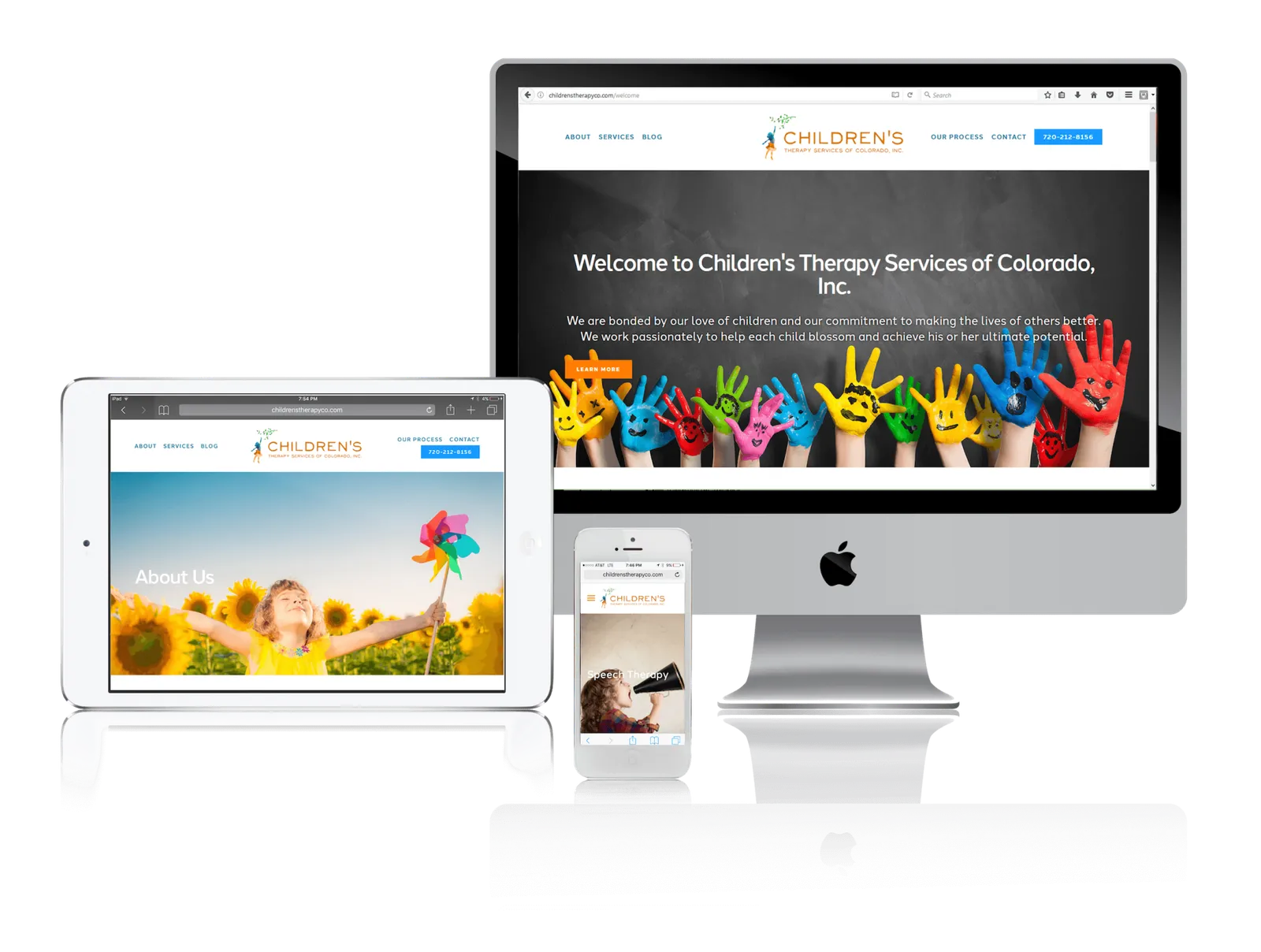 Pediatric therapy practice website shown on desktop, laptop, tablet and phone