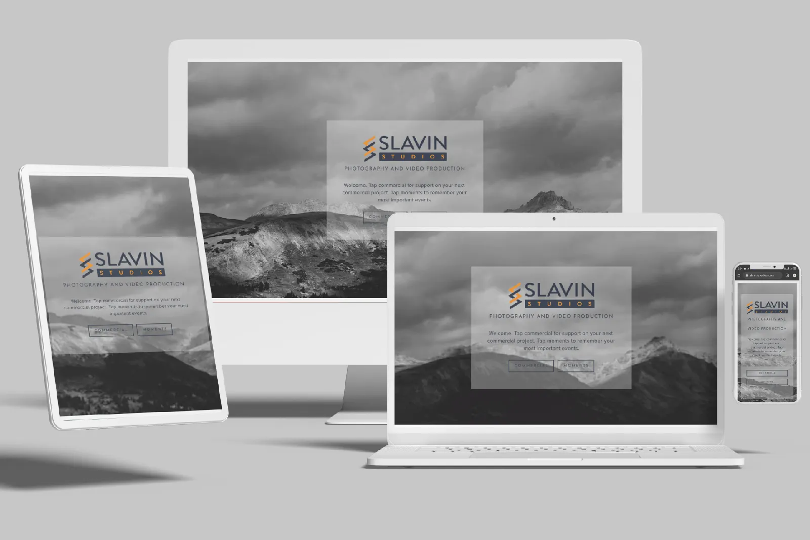 Photography and video studio website shown on desktop, laptop, tablet and phone