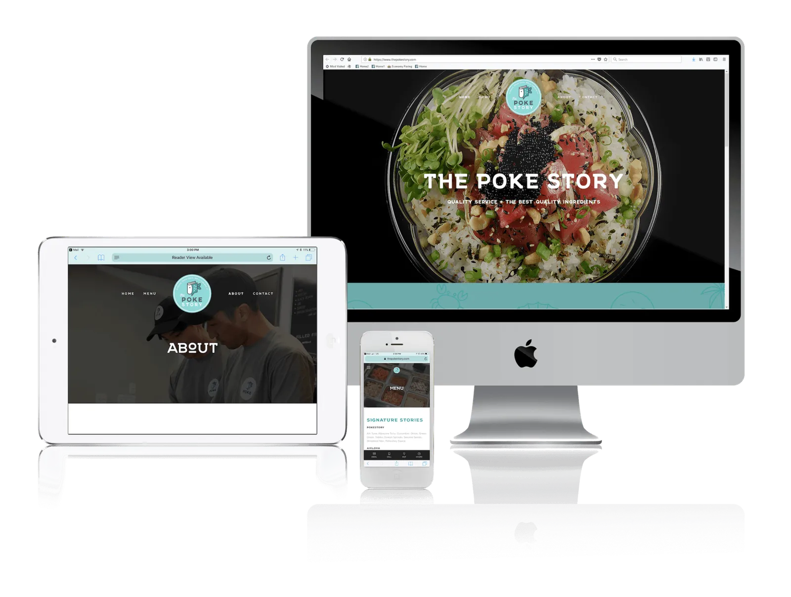 Poke restaurant website shown on desktop, laptop, tablet and phone