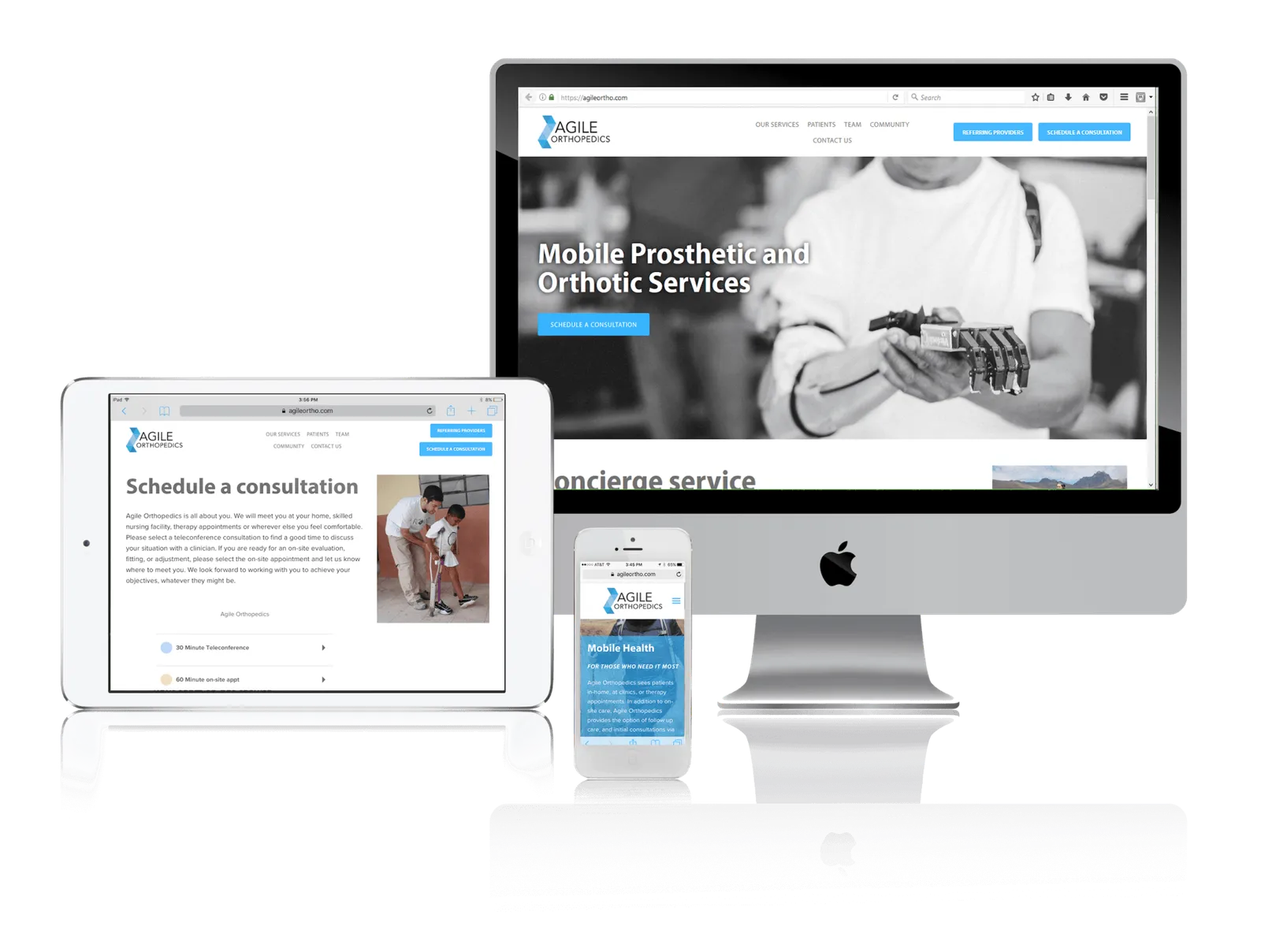 Prosthetic and orthotic practice website shown on desktop, laptop, tablet and phone