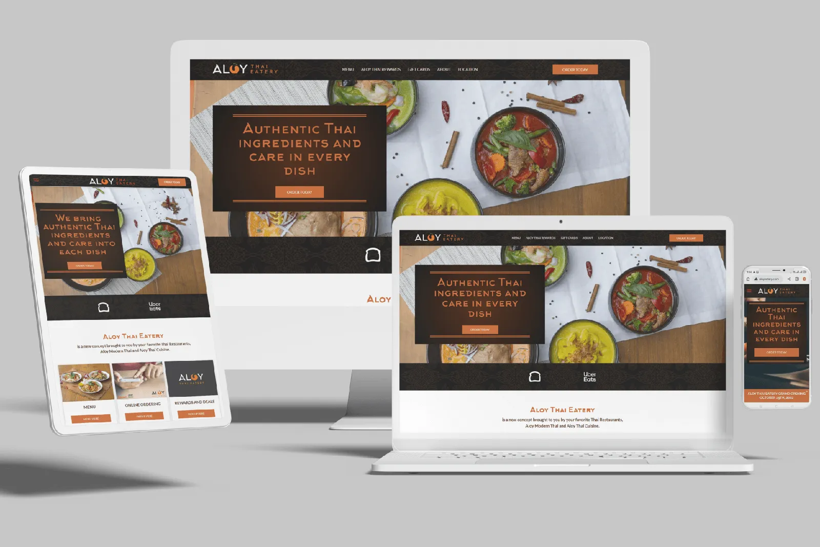 Restaurant website shown on desktop, laptop, tablet and phone