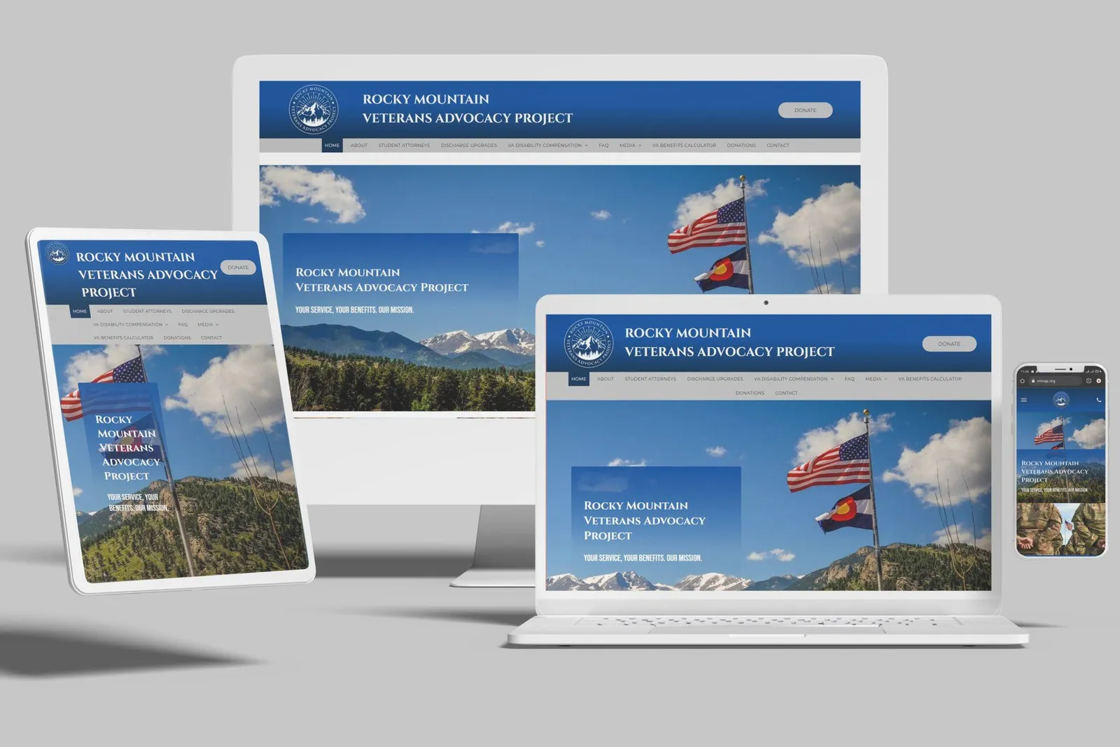Veterans legal aid website shown on desktop, laptop, tablet and phone