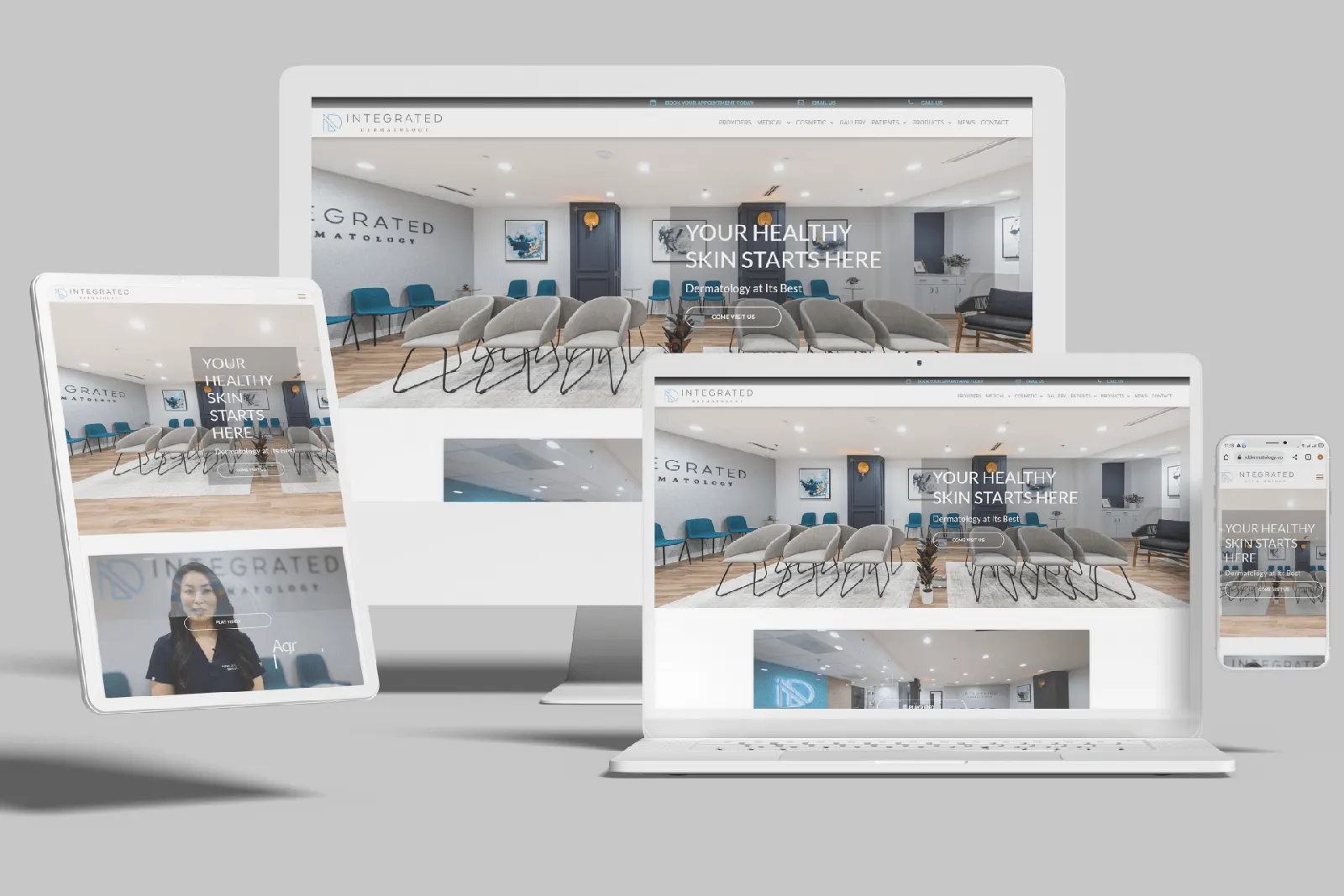 Dermatology practice website shown on desktop, laptop, tablet and phone