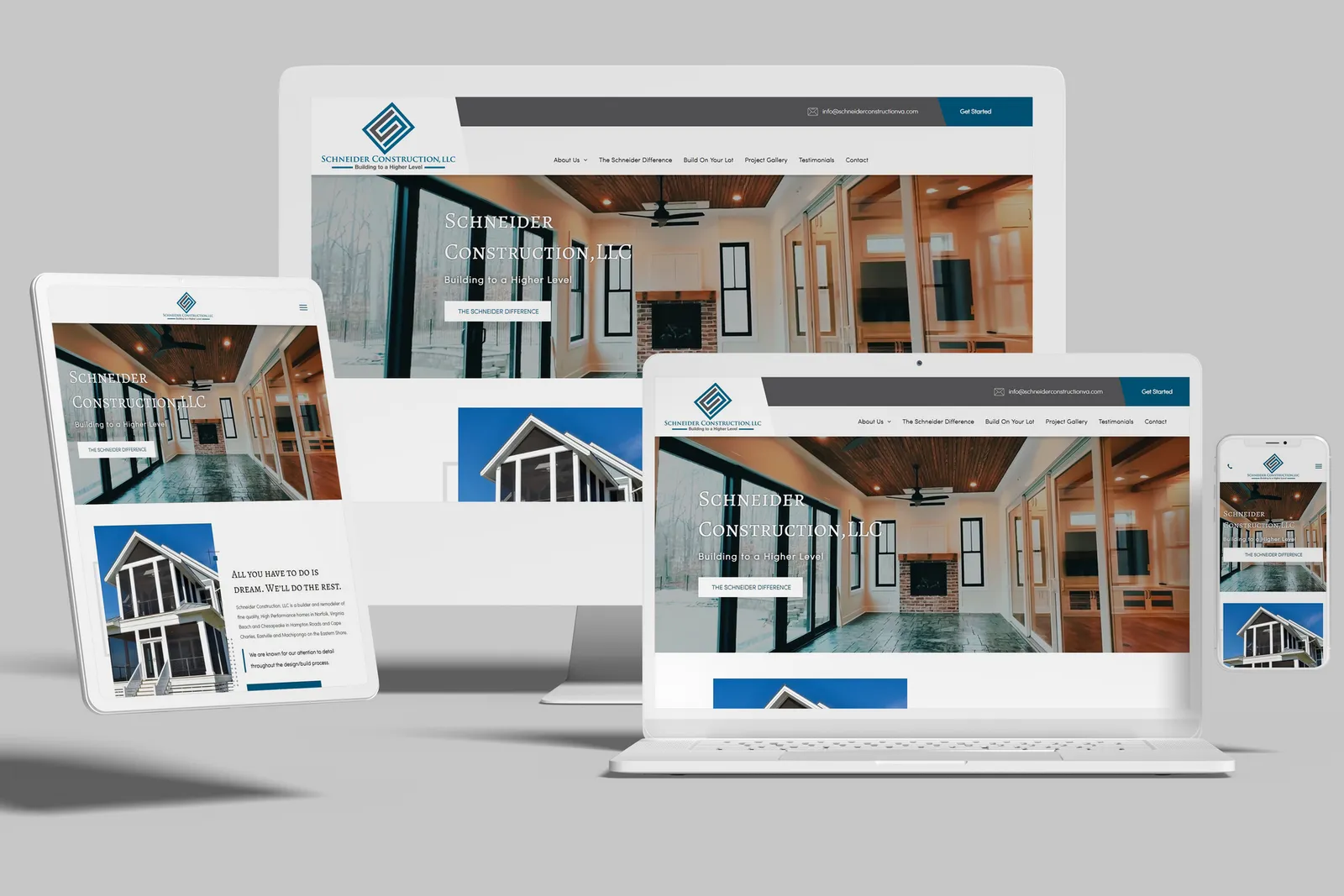 Home builder website shown on desktop, laptop, tablet and phone
