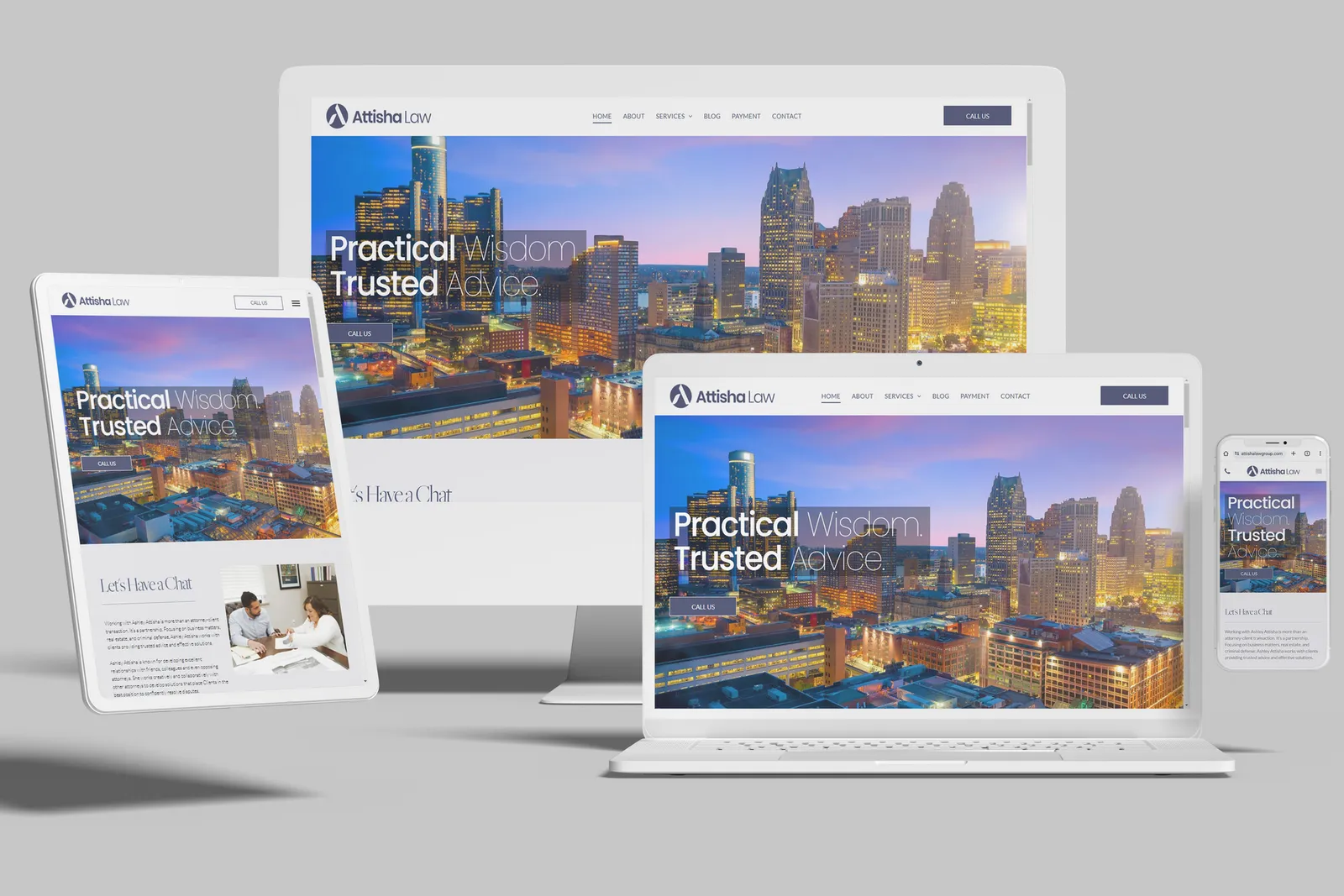 Law practice website shown on desktop, laptop, tablet and phone