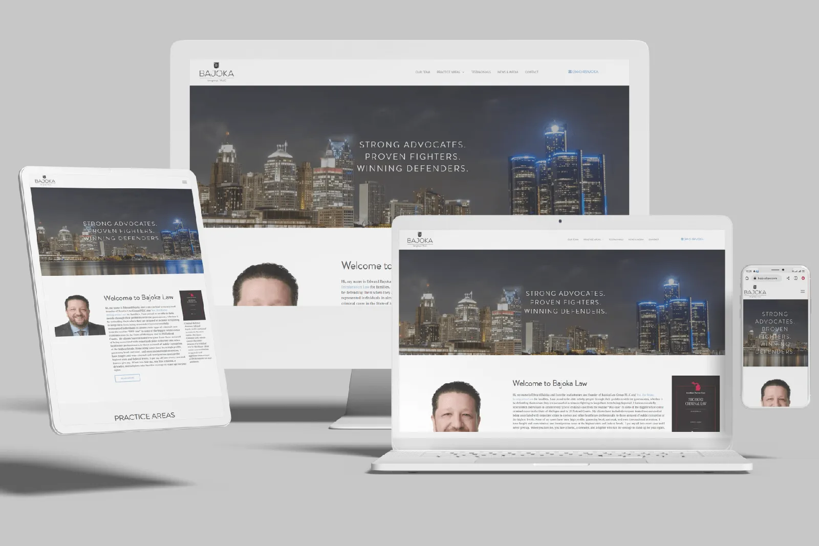 Criminal defense law firm website shown on desktop, laptop, tablet and phone