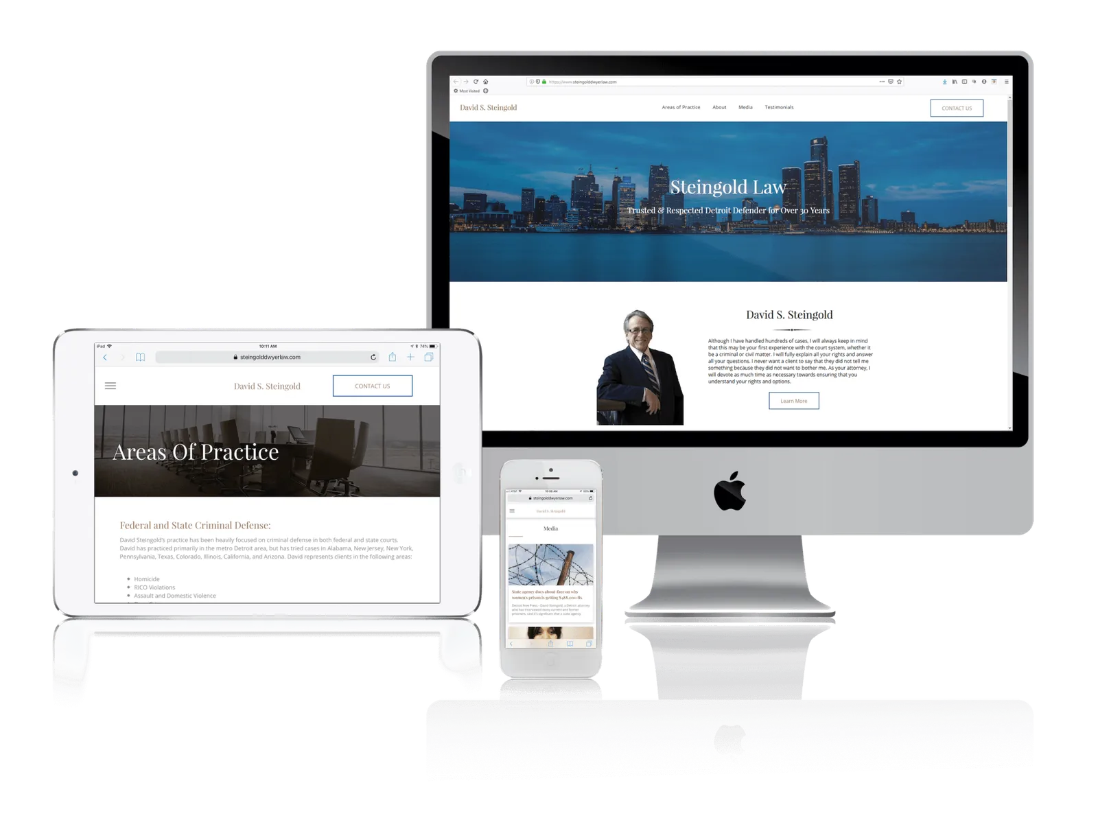 Defense attorney website shown on desktop, laptop, tablet and phone