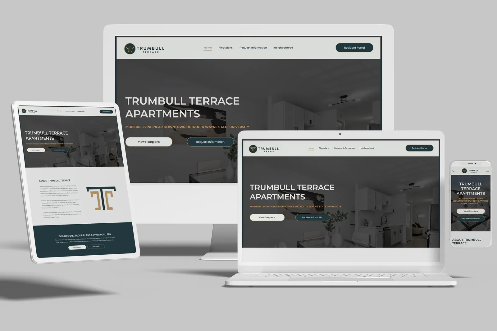 Apartment community website shown on desktop, laptop, tablet and phone