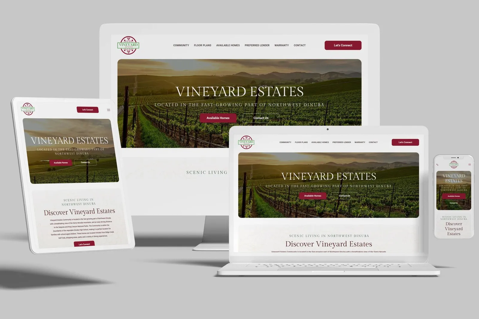 Home community website shown on desktop, laptop, tablet and phone