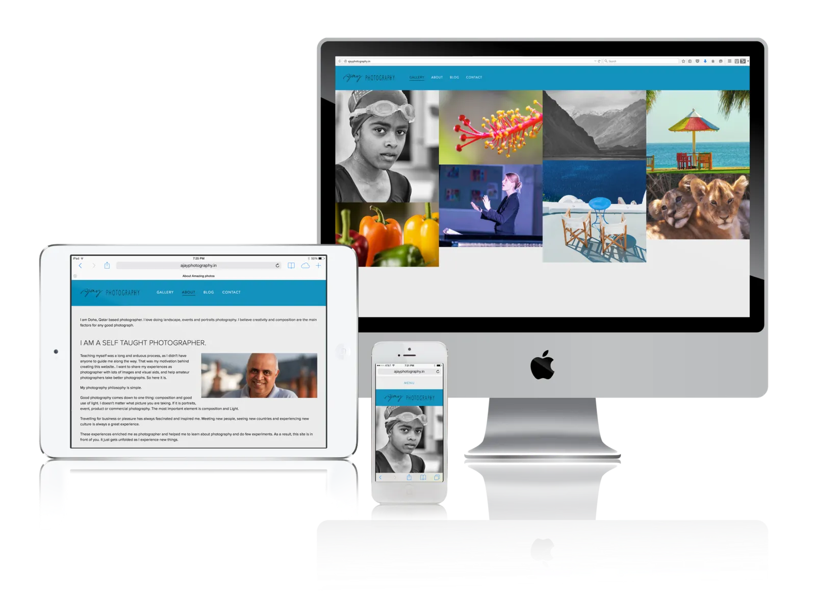 Photographer website shown on desktop, laptop, tablet and phone