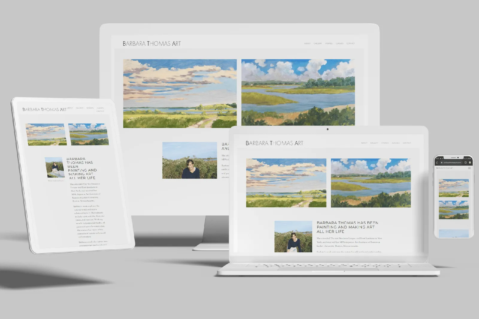 East Hampton painter and photographer website shown on desktop, laptop, tablet and phone