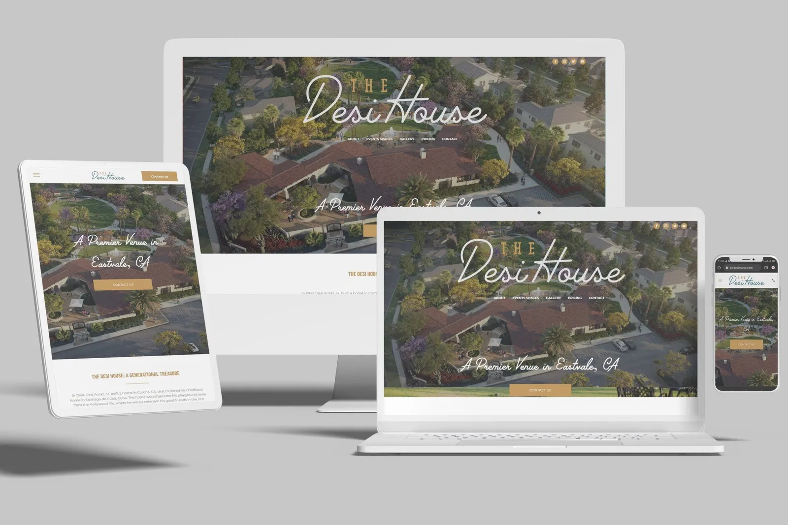 Event venue website shown on desktop, laptop, tablet and phone
