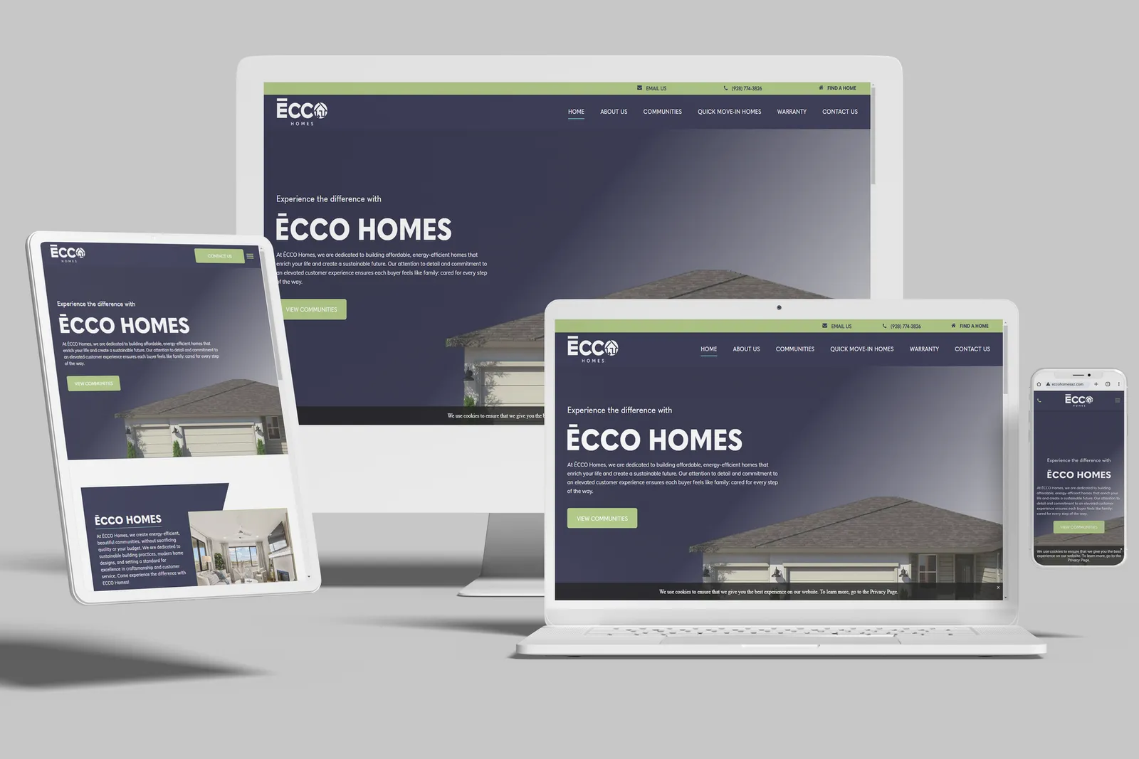 Home builder website shown on desktop, laptop, tablet and phone